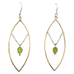 Handmade Earrings in 14K Yellow Gold with Platinum Chain and Peridot Briolette