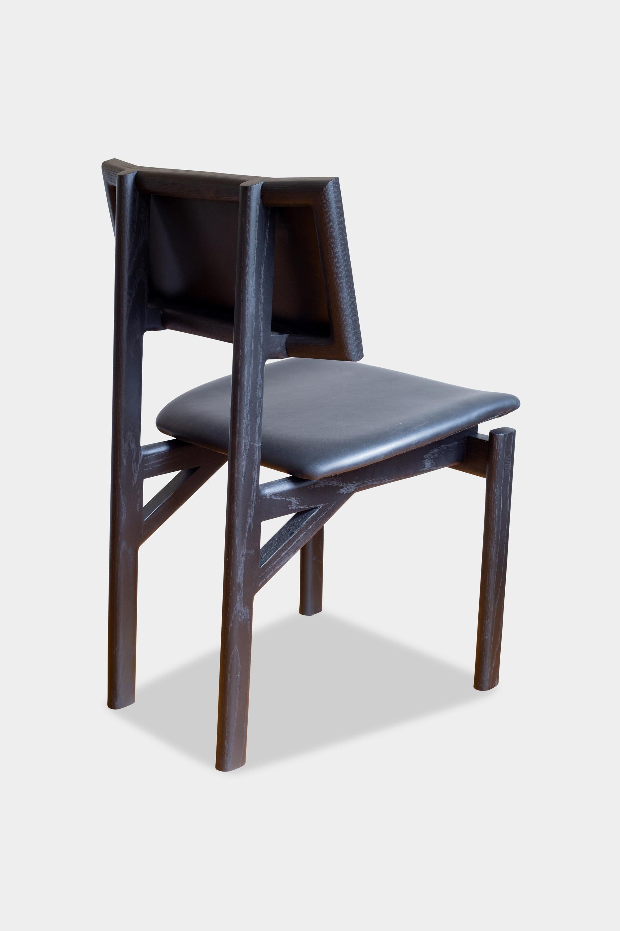 Mid-Century Modern Handmade Ebonized Oak KUNAI Dining Chair with Black Leather Upholstery For Sale