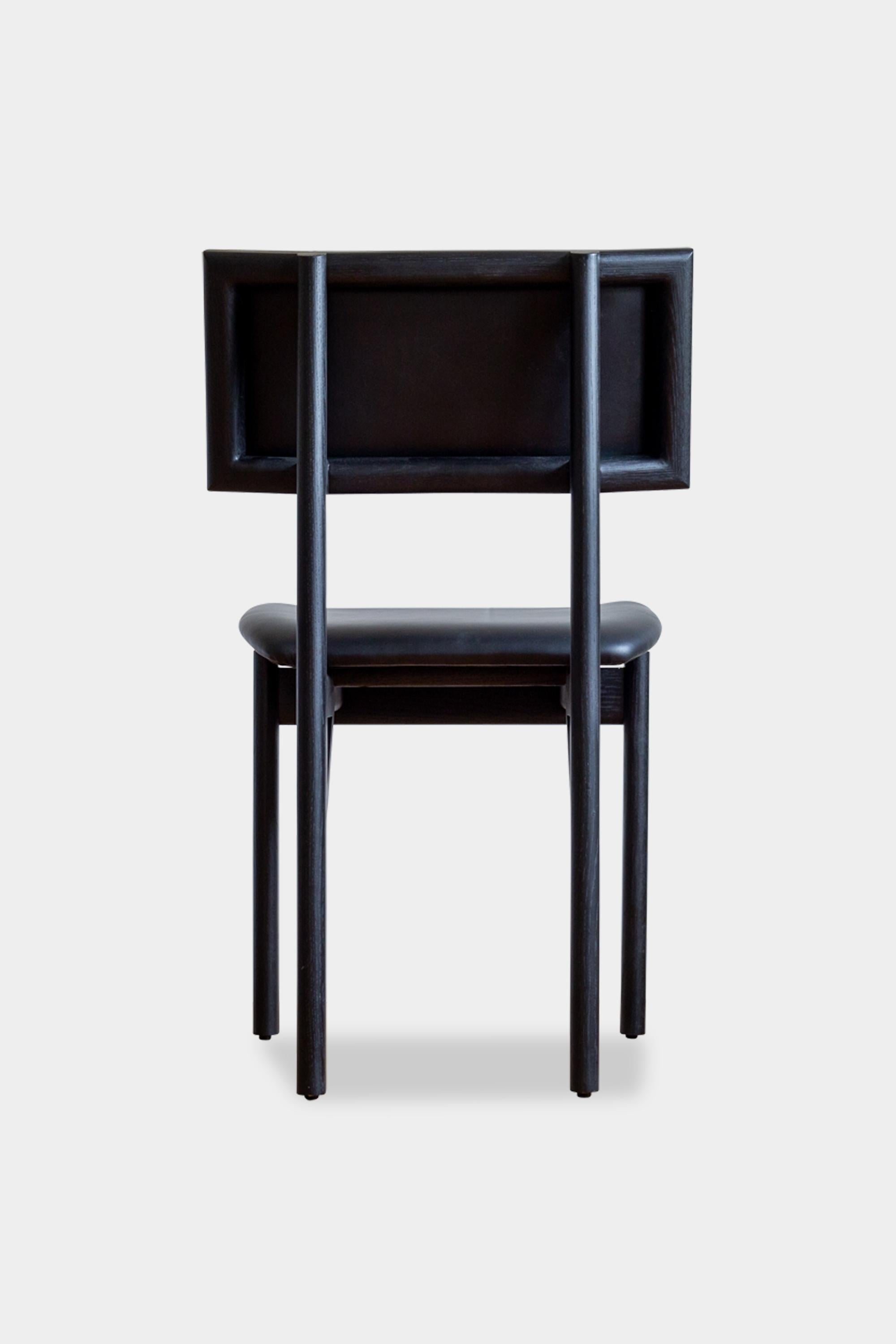 Blackened Handmade Ebonized Oak KUNAI Dining Chair with Black Leather Upholstery For Sale