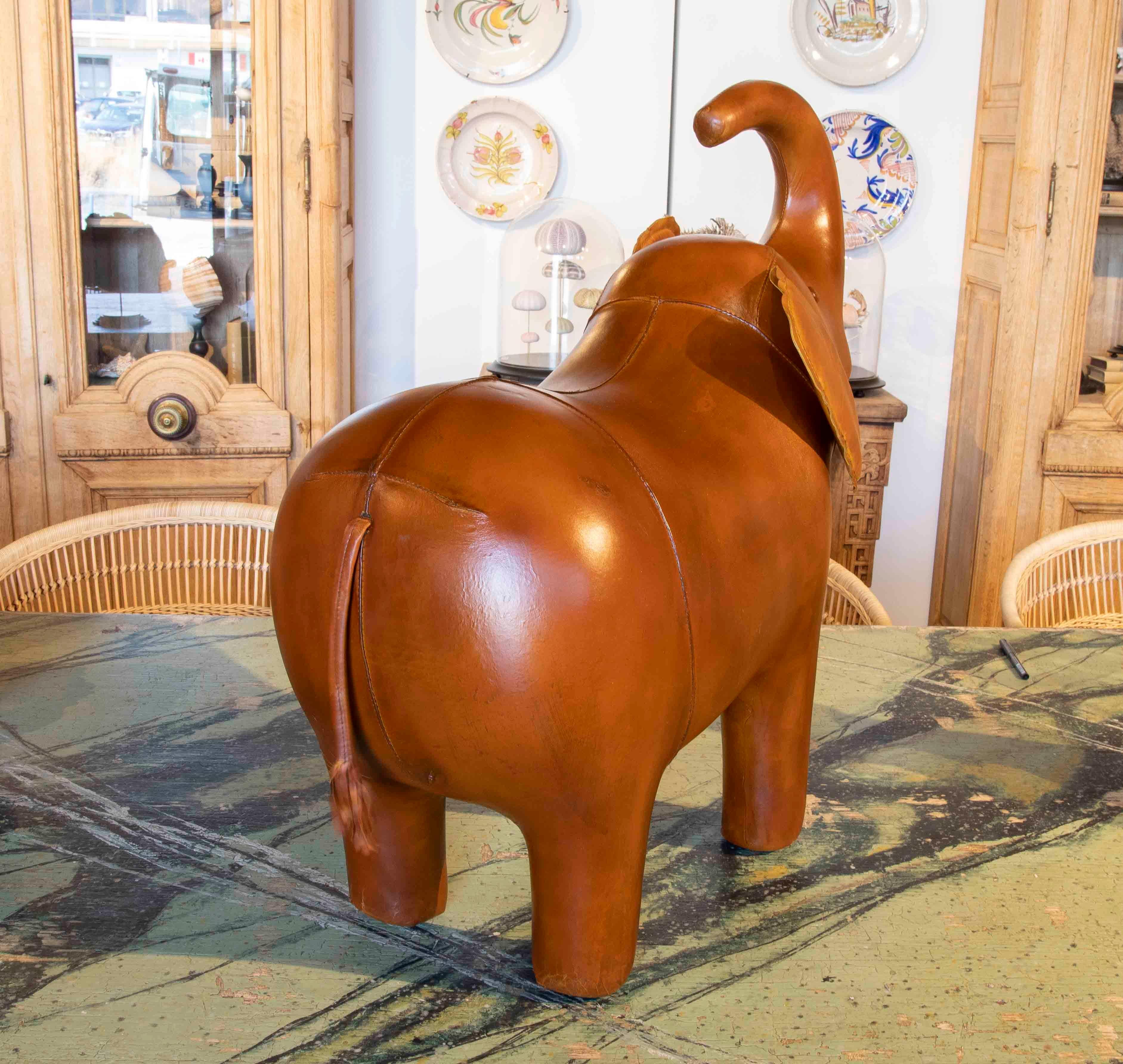 Handmade Elephant Stool Upholstered in Antiqued Brown Leather For Sale 2