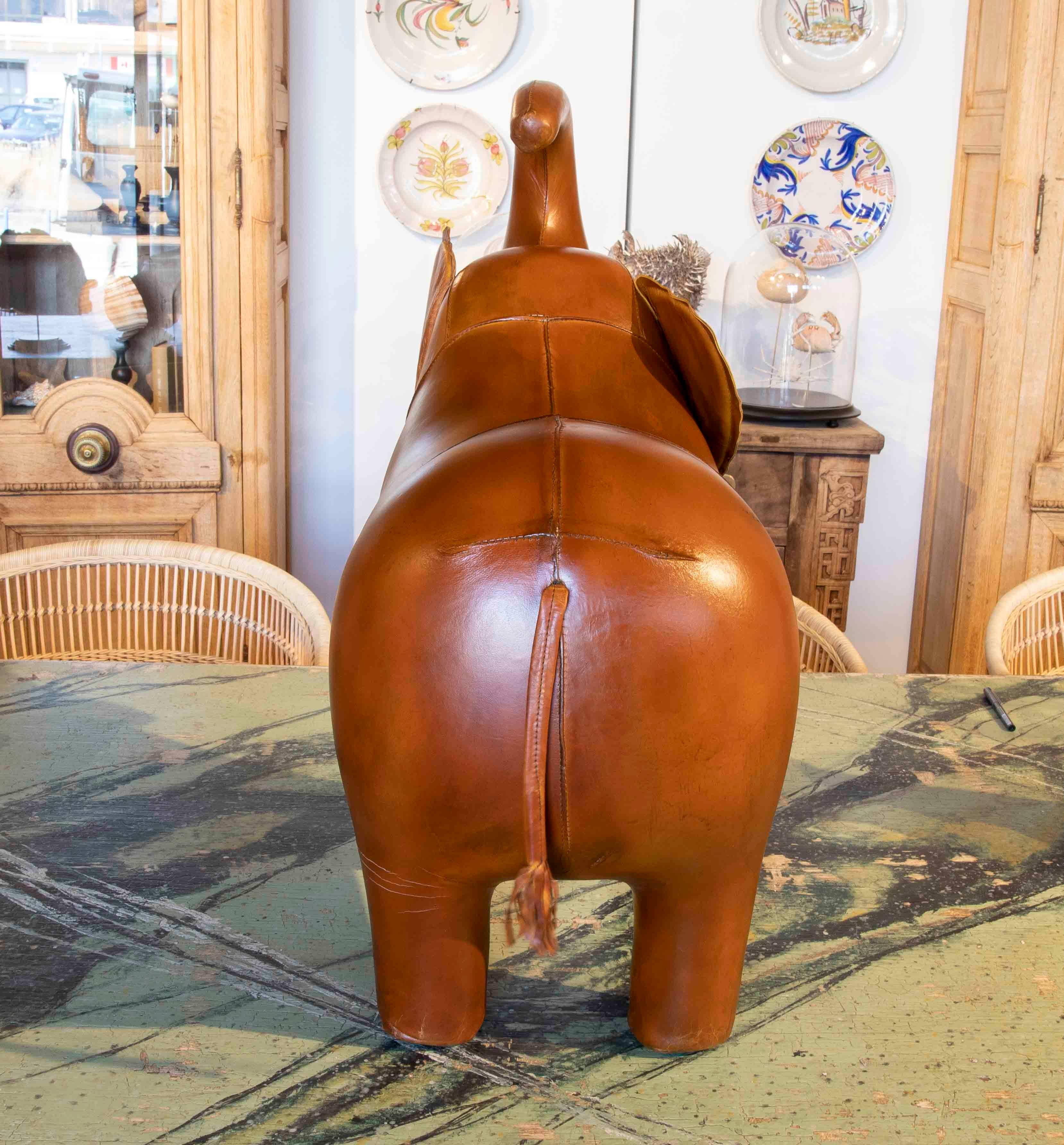Handmade Elephant Stool Upholstered in Antiqued Brown Leather For Sale 3