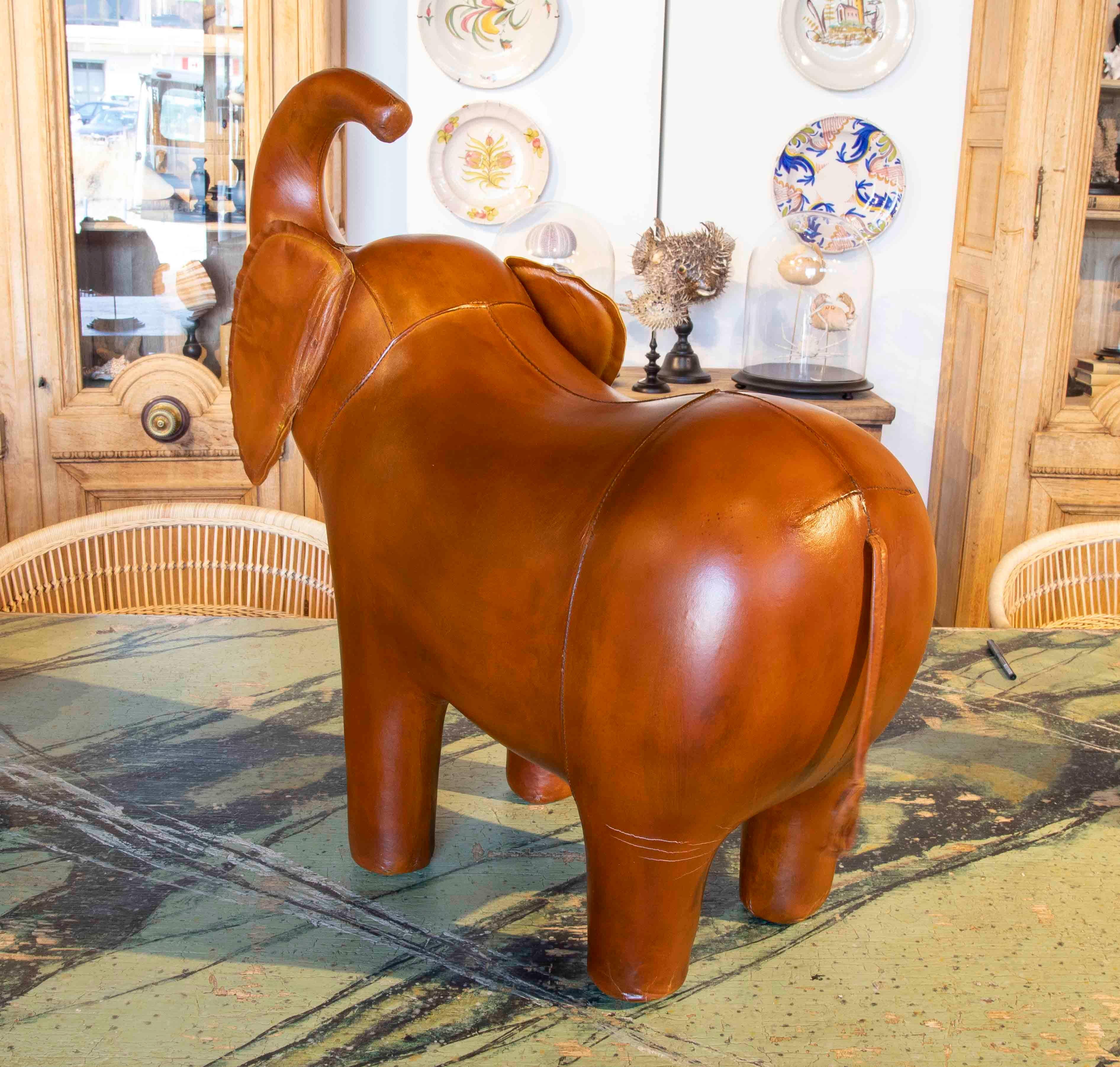 Handmade Elephant Stool Upholstered in Antiqued Brown Leather For Sale 4