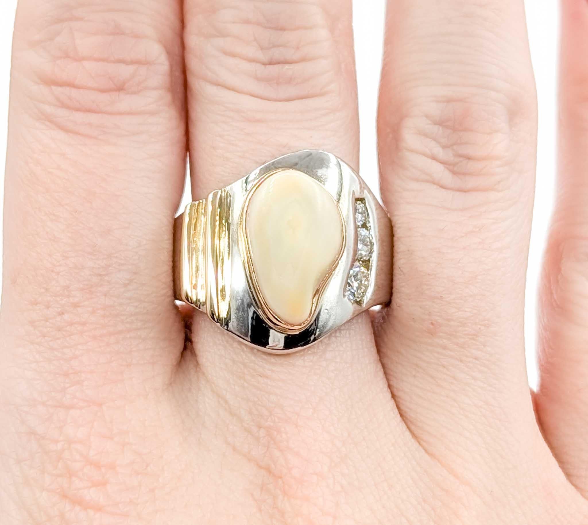 Round Cut Handmade Elk Took Ring with Diamonds in Two Tone Gold For Sale