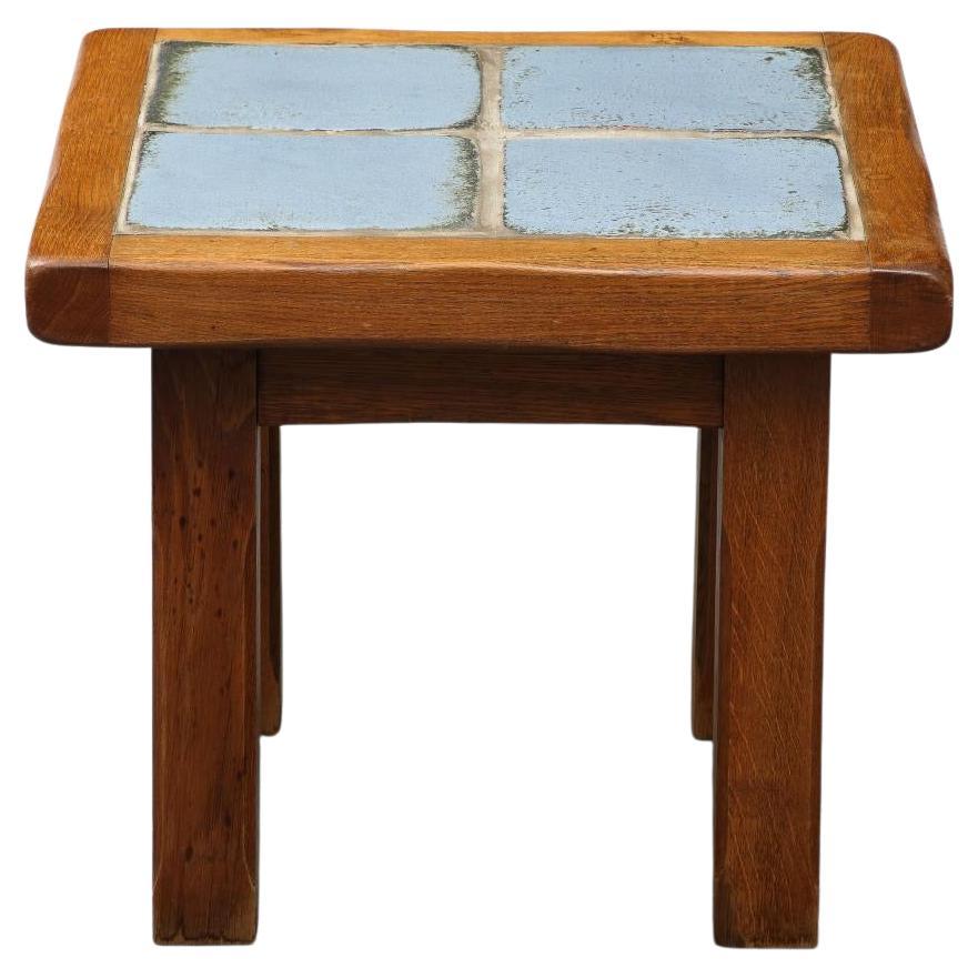 Handmade Elm and Glazed Ceramic Side Table For Sale