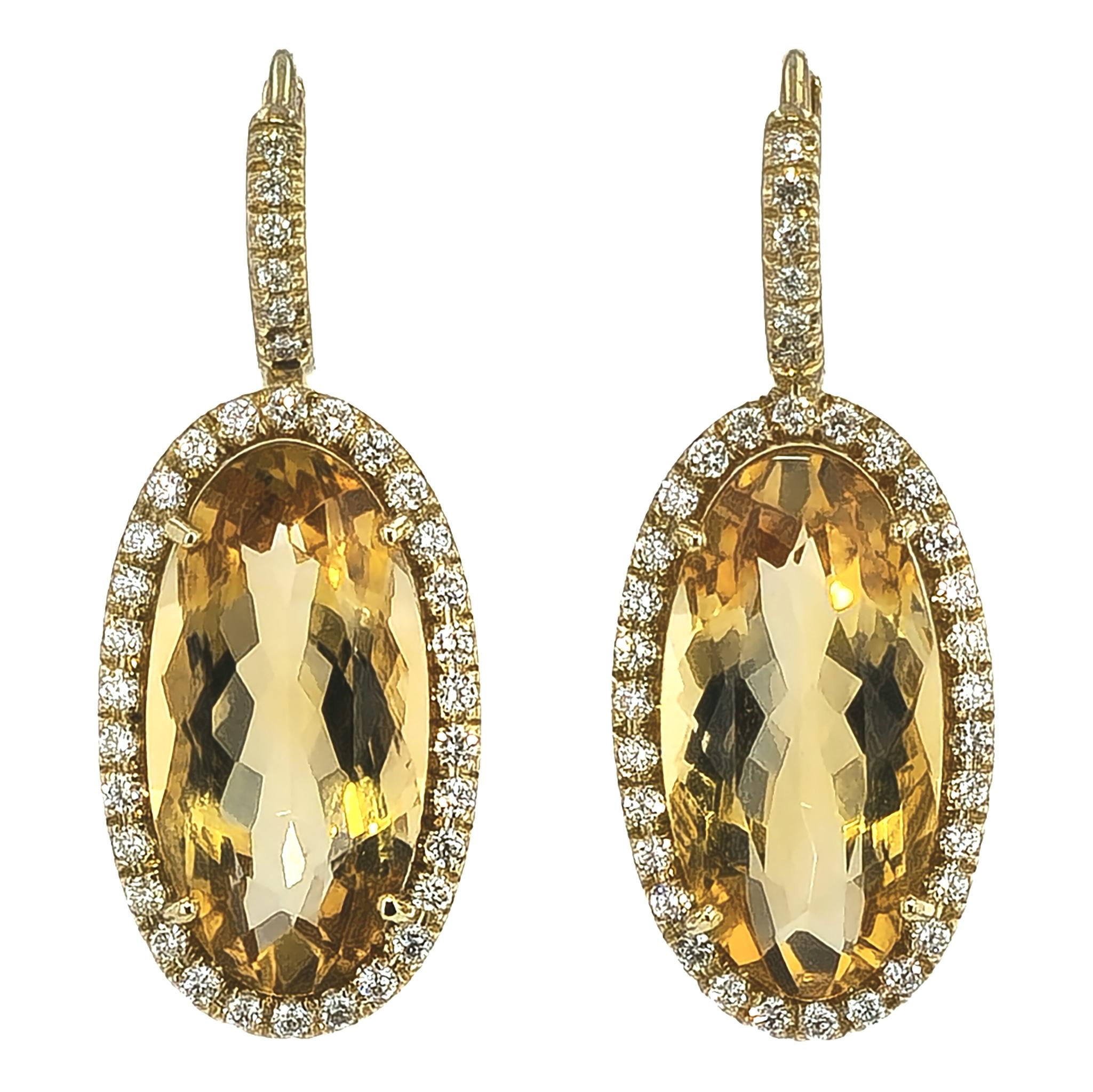 Handmade Elongated Oval Citrine Diamond Pave Drop Earrings In New Condition For Sale In Miami, FL