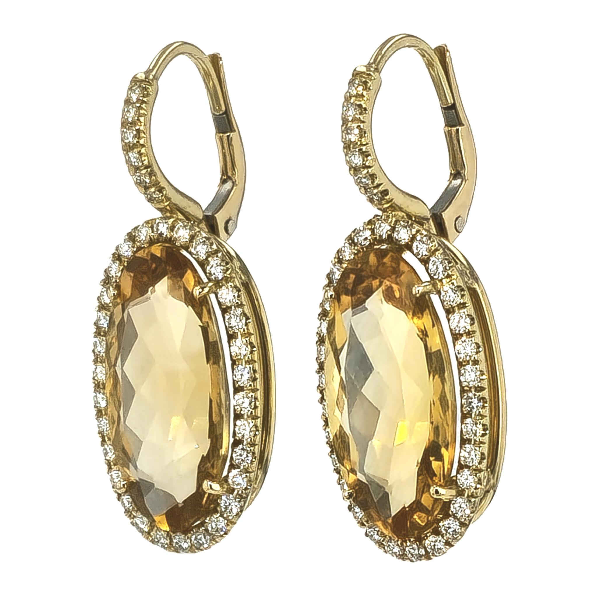 Women's Handmade Elongated Oval Citrine Diamond Pave Drop Earrings For Sale