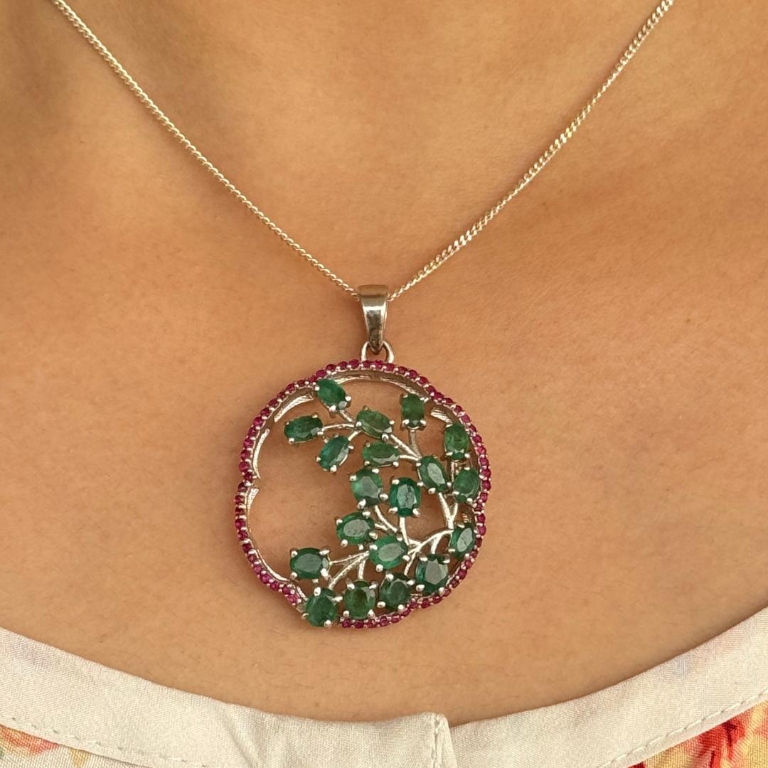 Handmade Emerald and Ruby Tree Of Life Pendant for Her in 925 Sterling Silver For Sale 4