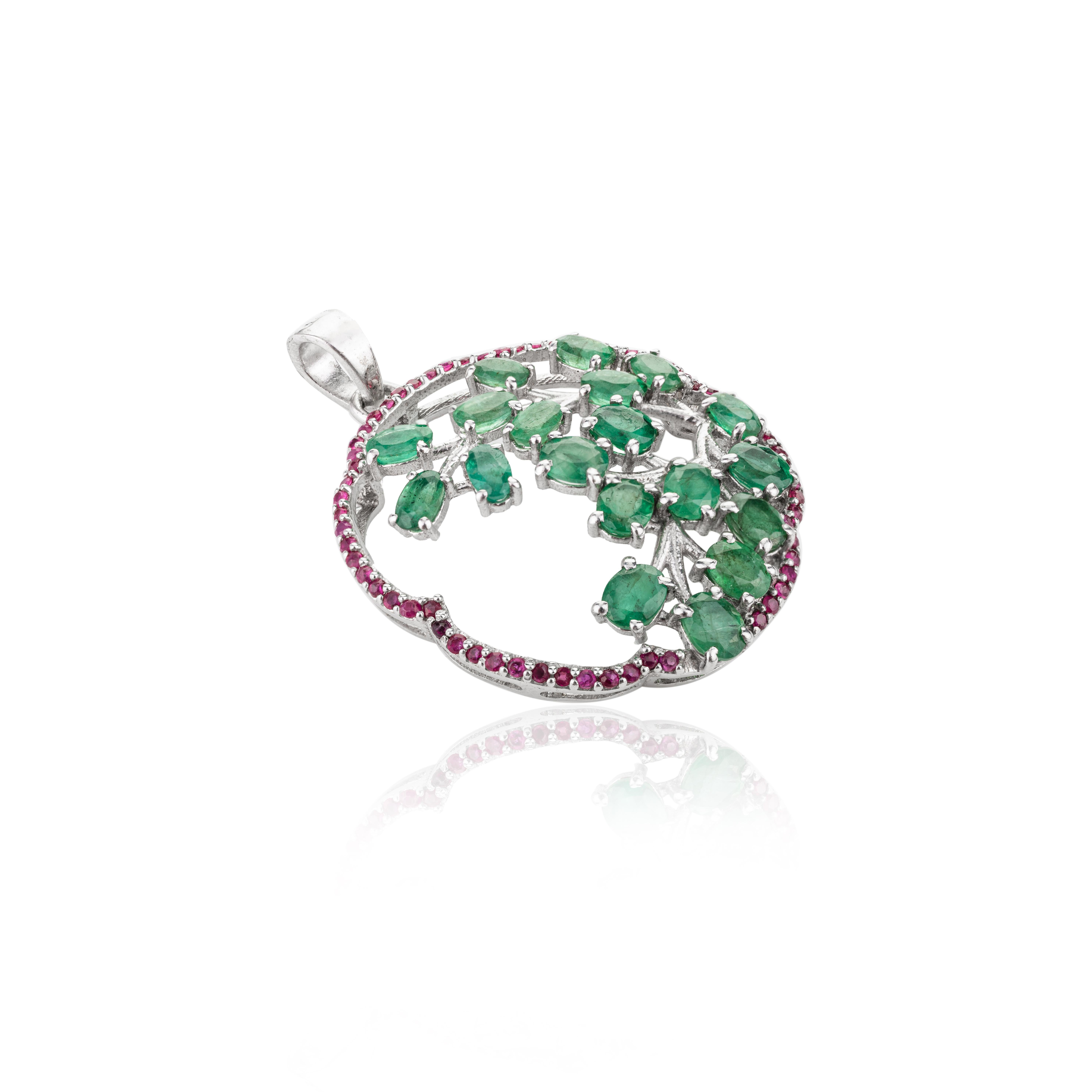 Art Deco Handmade Emerald and Ruby Tree Of Life Pendant in 925 Sterling Silver For Sale