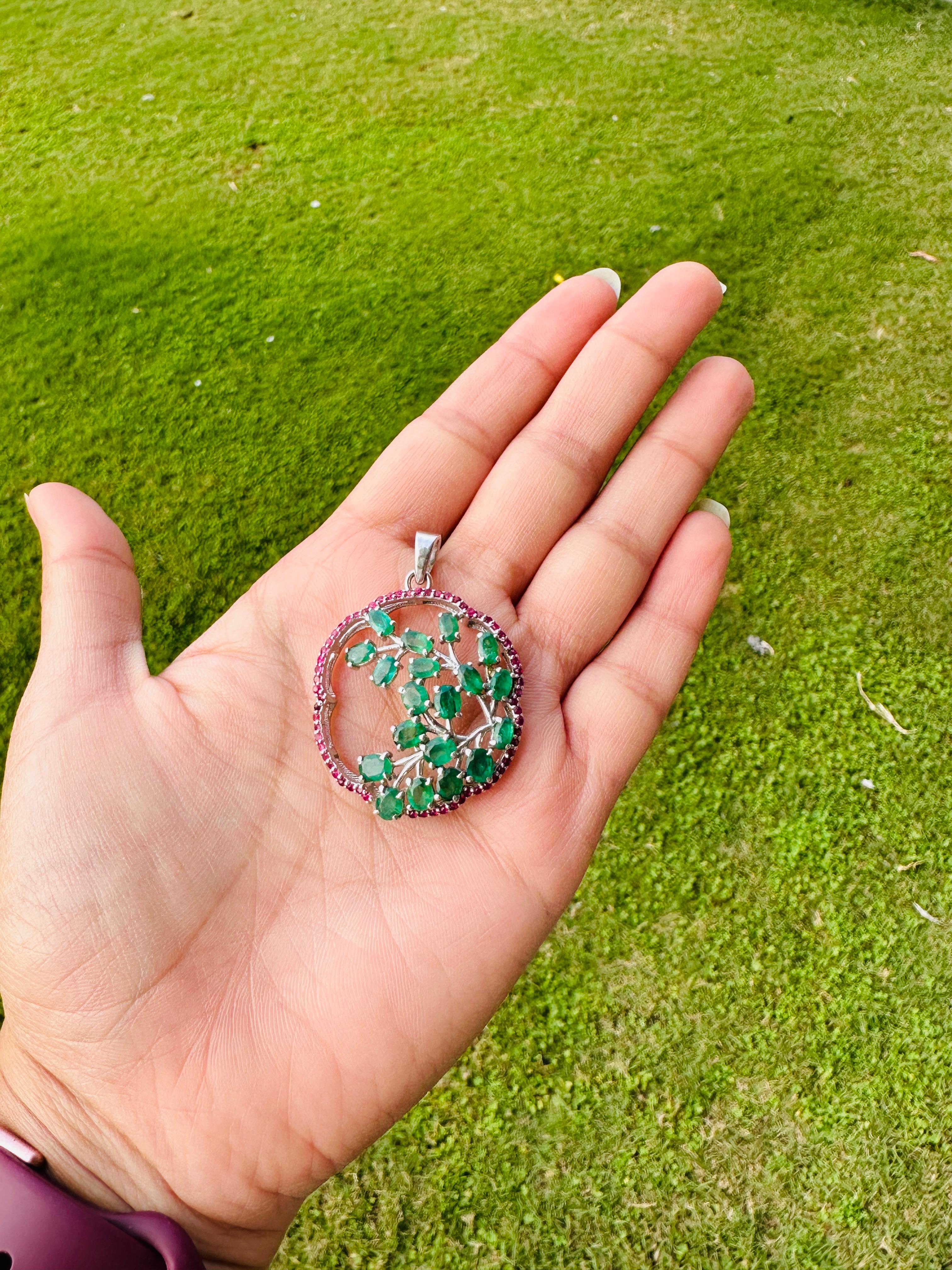 Handmade Emerald and Ruby Tree Of Life Pendant in 925 Sterling Silver In New Condition For Sale In Houston, TX