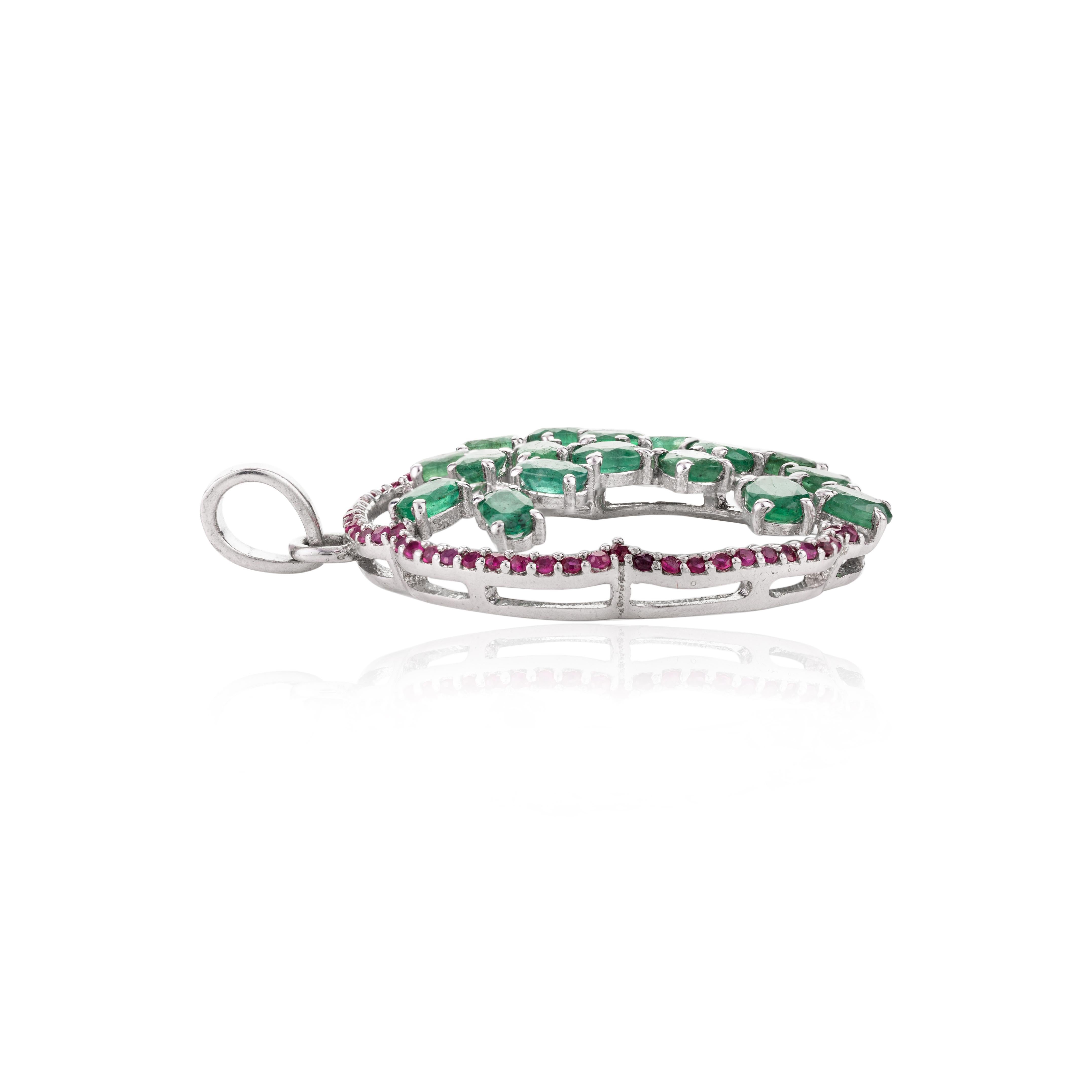Handmade Emerald and Ruby Tree Of Life Pendant for Her in 925 Sterling Silver In New Condition For Sale In New York, NY