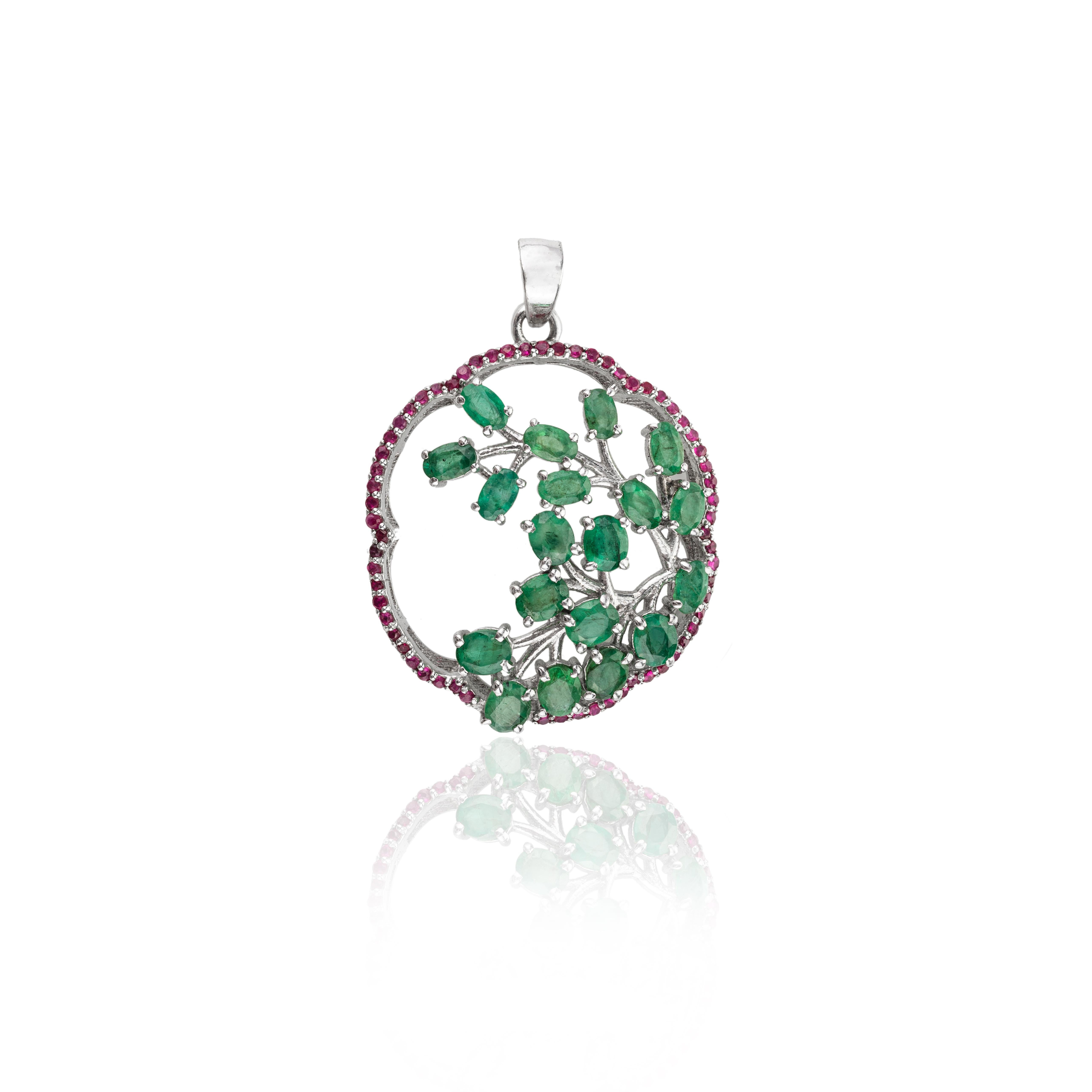 Women's Handmade Emerald and Ruby Tree Of Life Pendant in 925 Sterling Silver For Sale