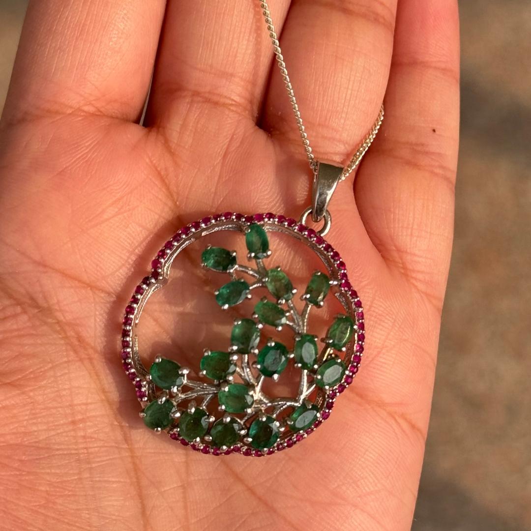 Handmade Emerald and Ruby Tree Of Life Pendant for Her in 925 Sterling Silver For Sale 1