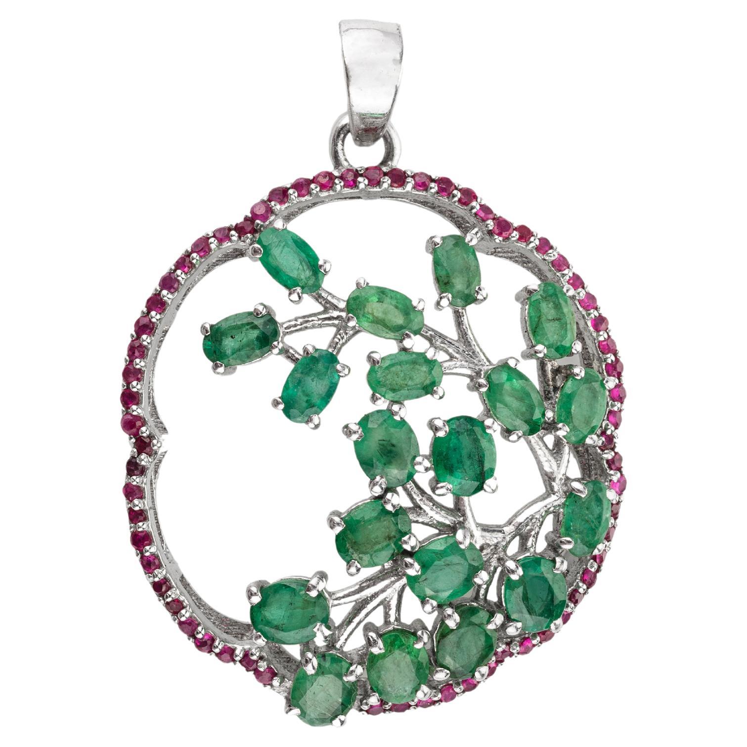 Handmade Emerald and Ruby Tree Of Life Pendant in 925 Sterling Silver For Sale