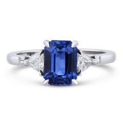 Handmade Emerald Cut Blue Sapphire Diamond Platinum Ring