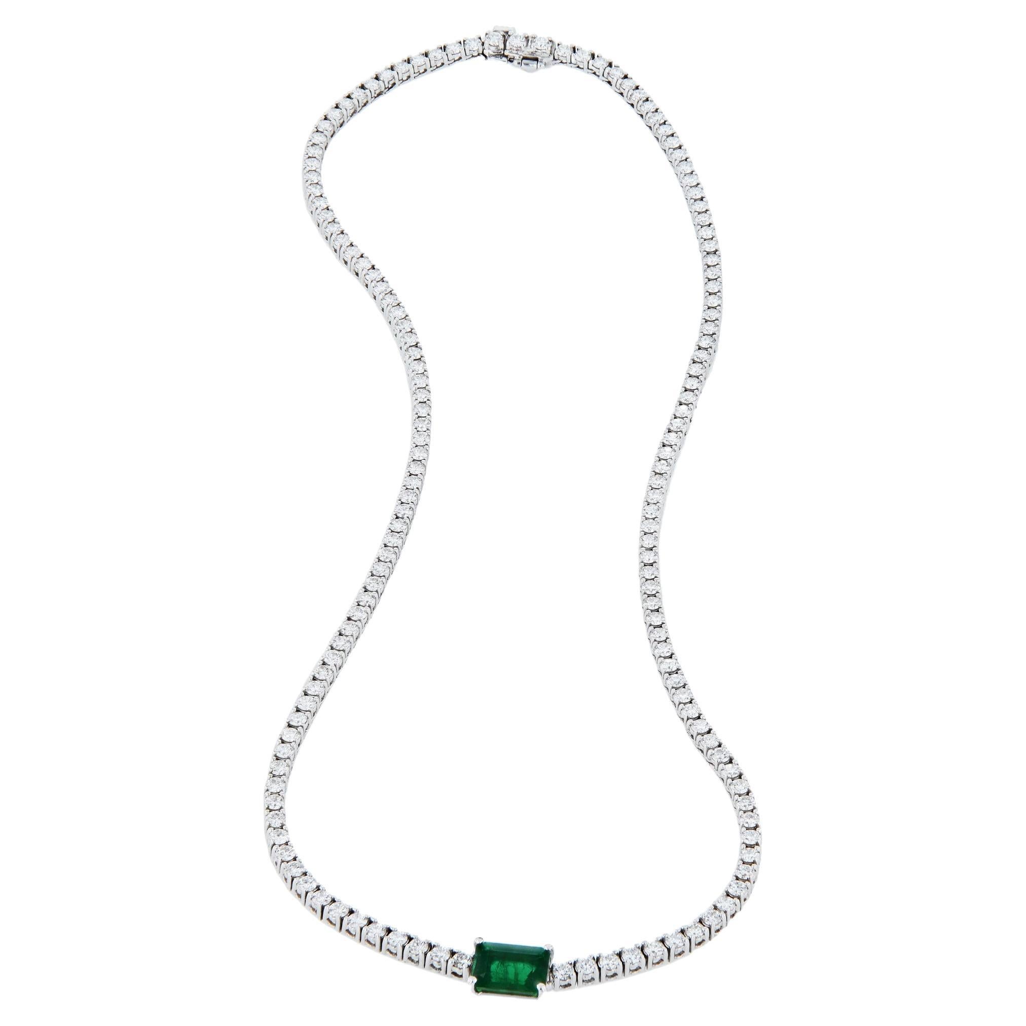 Handmade Emerald Cut Zambian Emerald Diamond Tennis Necklace 18 Karat Gold For Sale