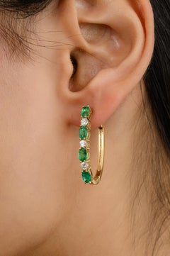 Handmade Emerald Diamond Hoop Earrings for Her in 18 Karat Solid Yellow Gold