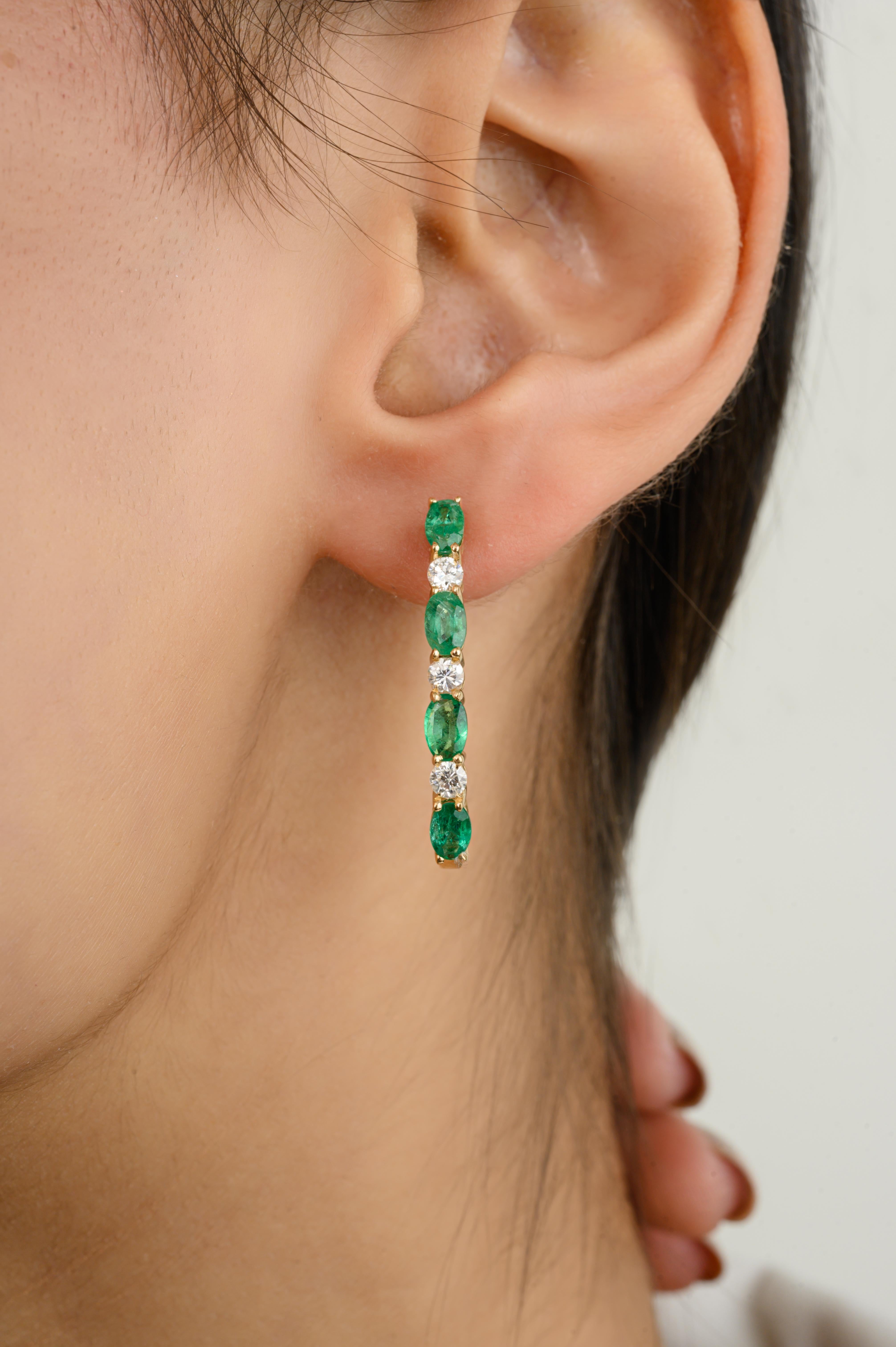 Oval Cut Handmade Emerald Diamond Hoop Earrings for Her in 18 Karat Solid Yellow Gold For Sale