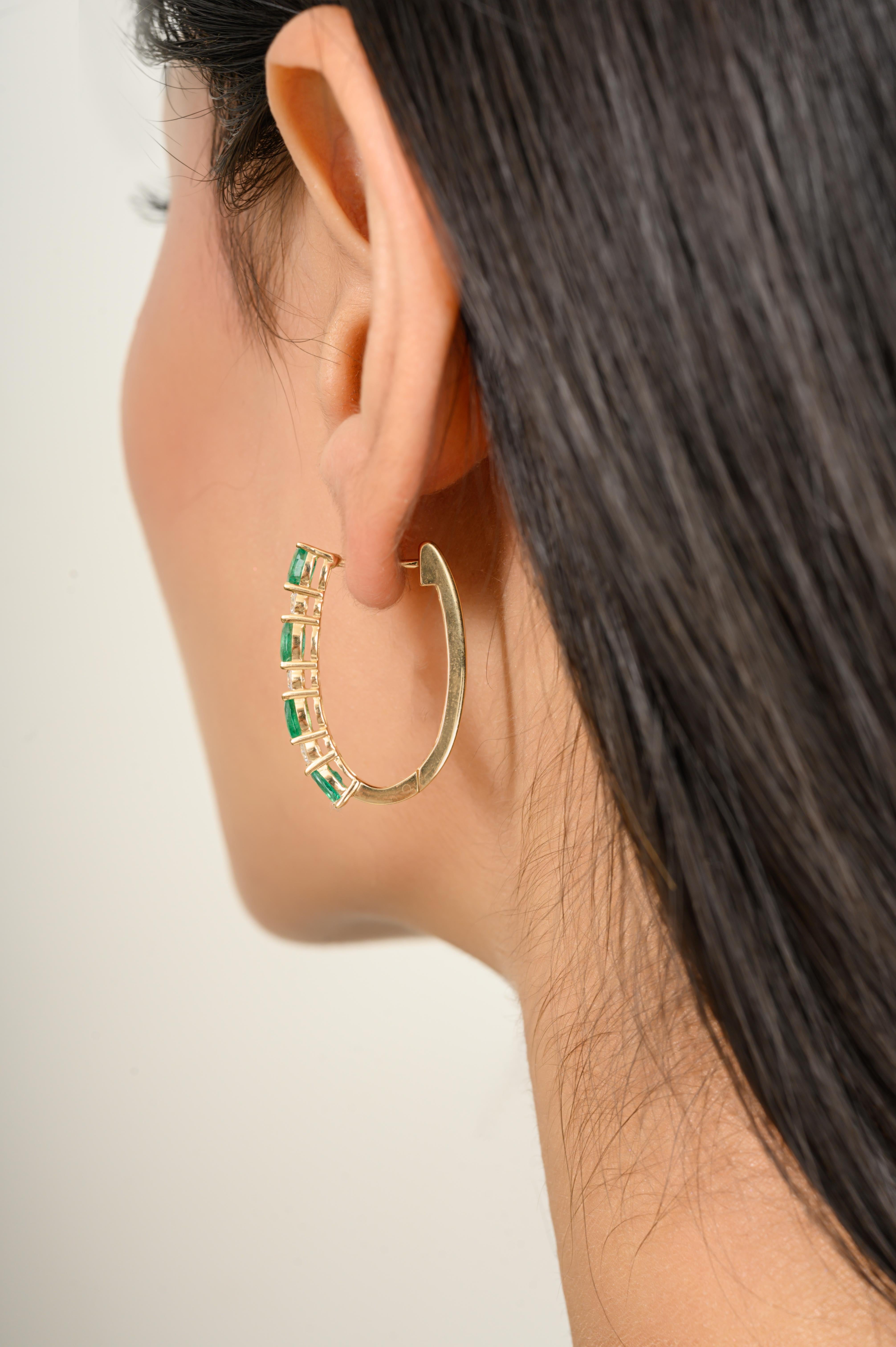 Women's Handmade Emerald Diamond Hoop Earrings for Her in 18 Karat Solid Yellow Gold For Sale