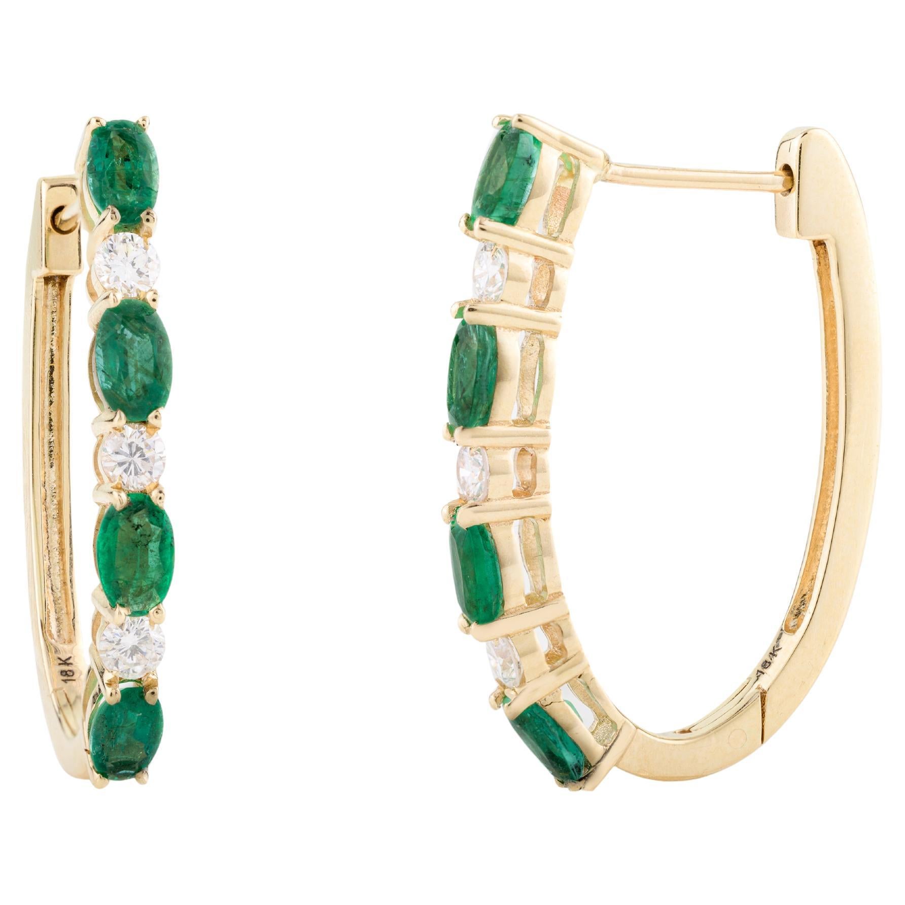 Handmade Emerald Diamond Hoop Earrings for Her in 18 Karat Solid Yellow Gold For Sale
