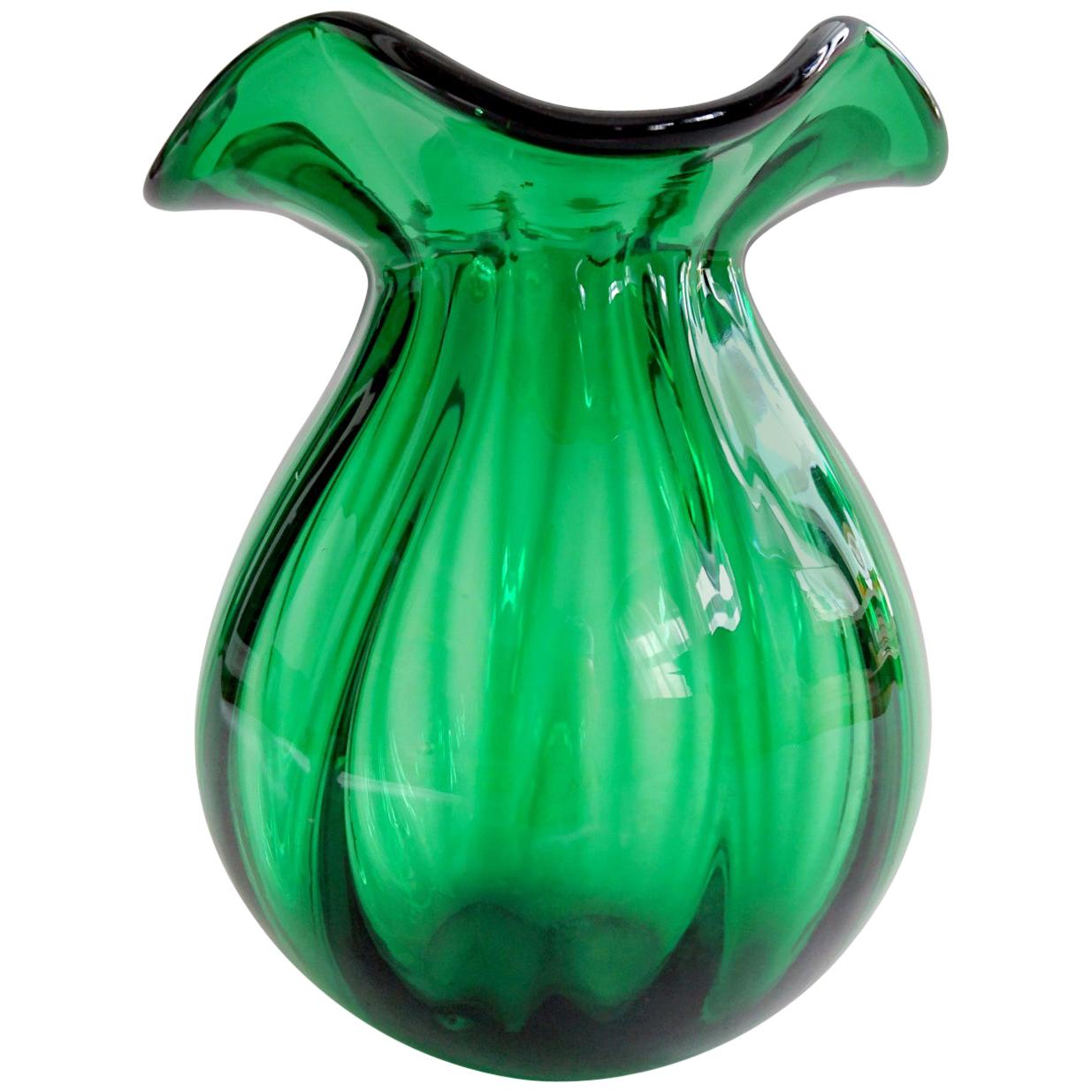Handmade Emerald Green Art Deco Glass Vase, Sweden