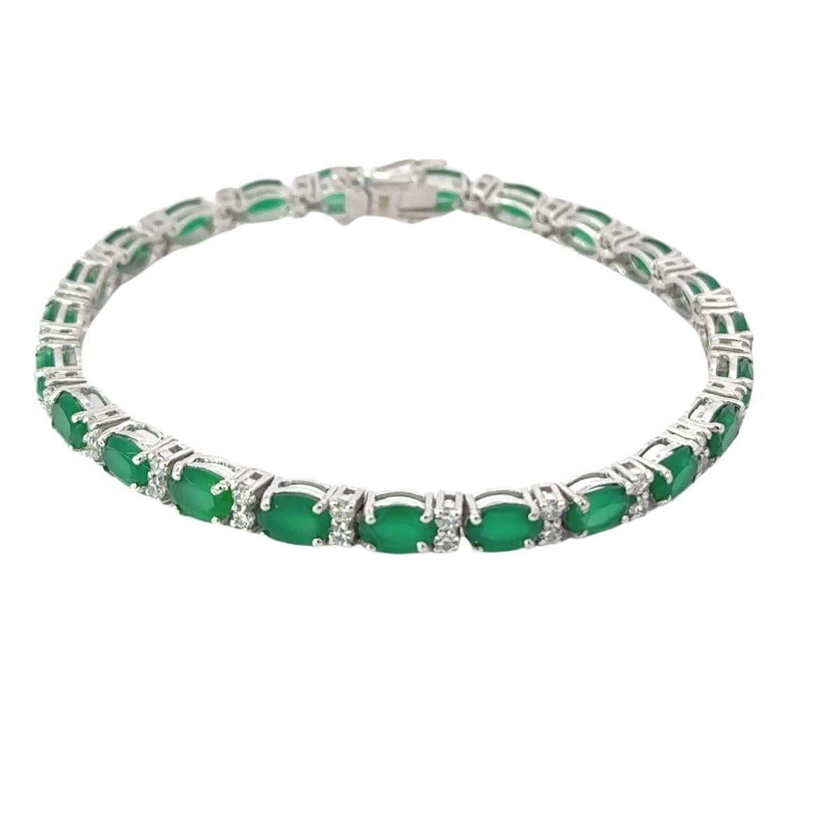 Art Deco Handmade Emerald & White CZ Tennis Bracelet in 925 Silver Jewelry Gift for Her For Sale