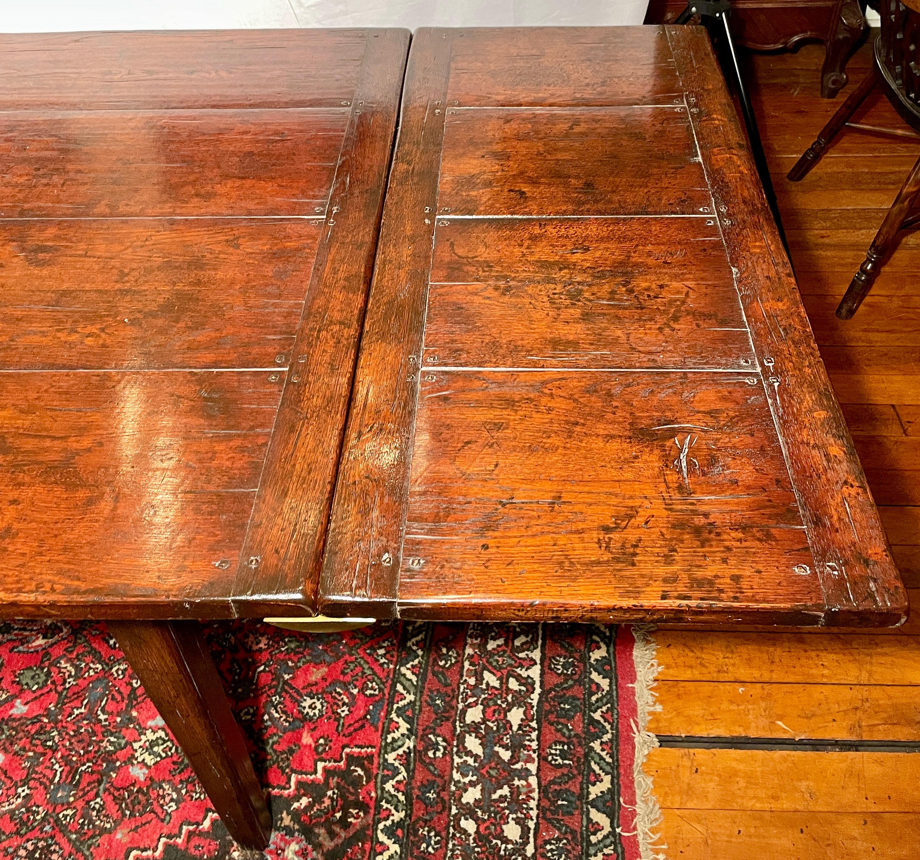 Handmade English Carved Oak Farm Table with 2 End Leaves For Sale 2