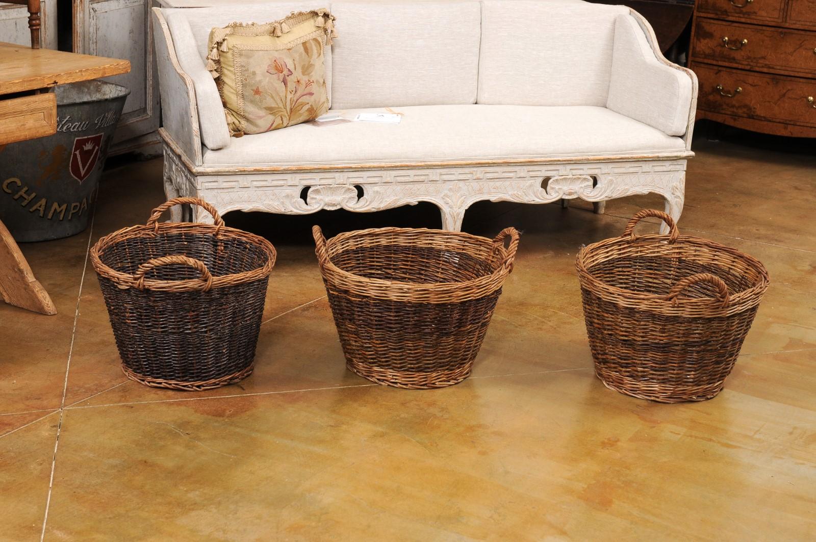 Handmade English Two Toned Wicker Baskets from Devon with Double Handles, Each For Sale 4