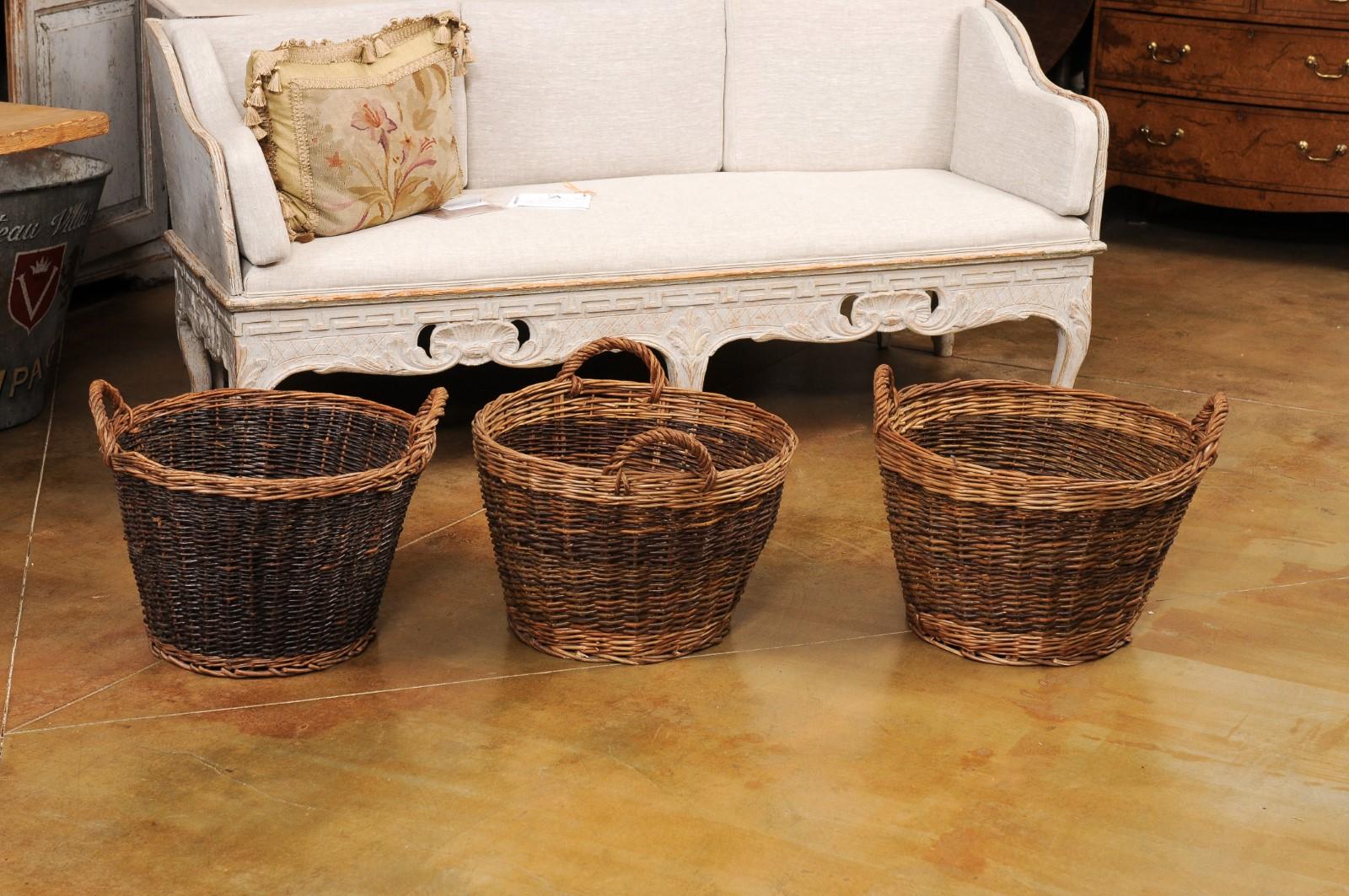 Handmade English Two Toned Wicker Baskets from Devon with Double Handles, Each 5