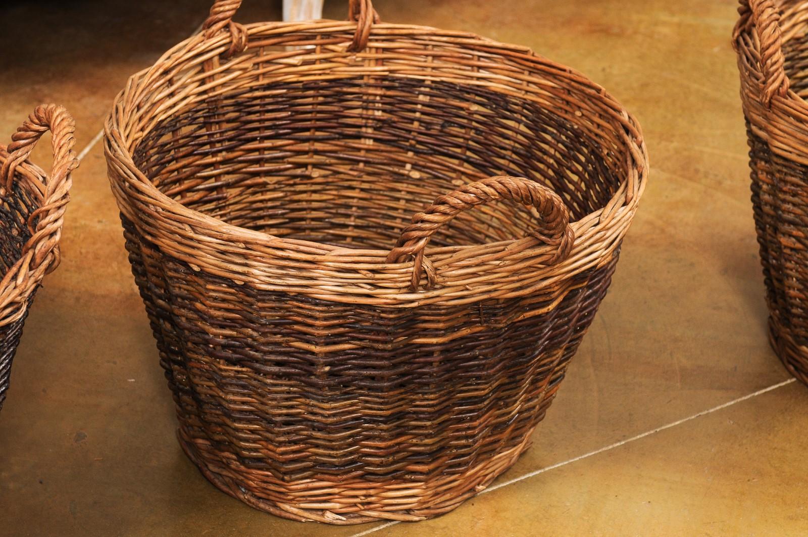 Handmade English Two Toned Wicker Baskets from Devon with Double Handles, Each 6