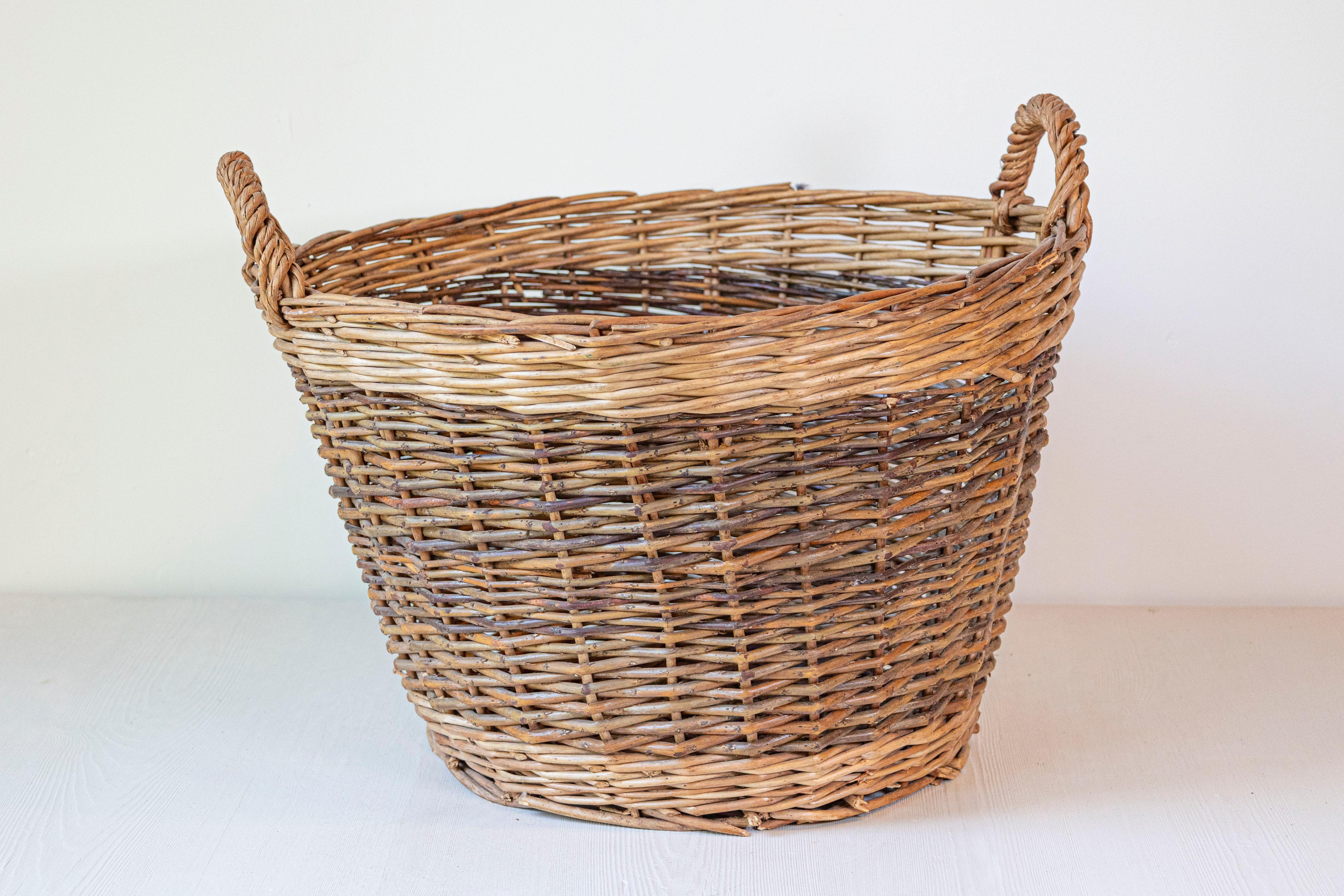 Rustic Handmade English Two Toned Wicker Baskets from Devon with Double Handles, Each For Sale