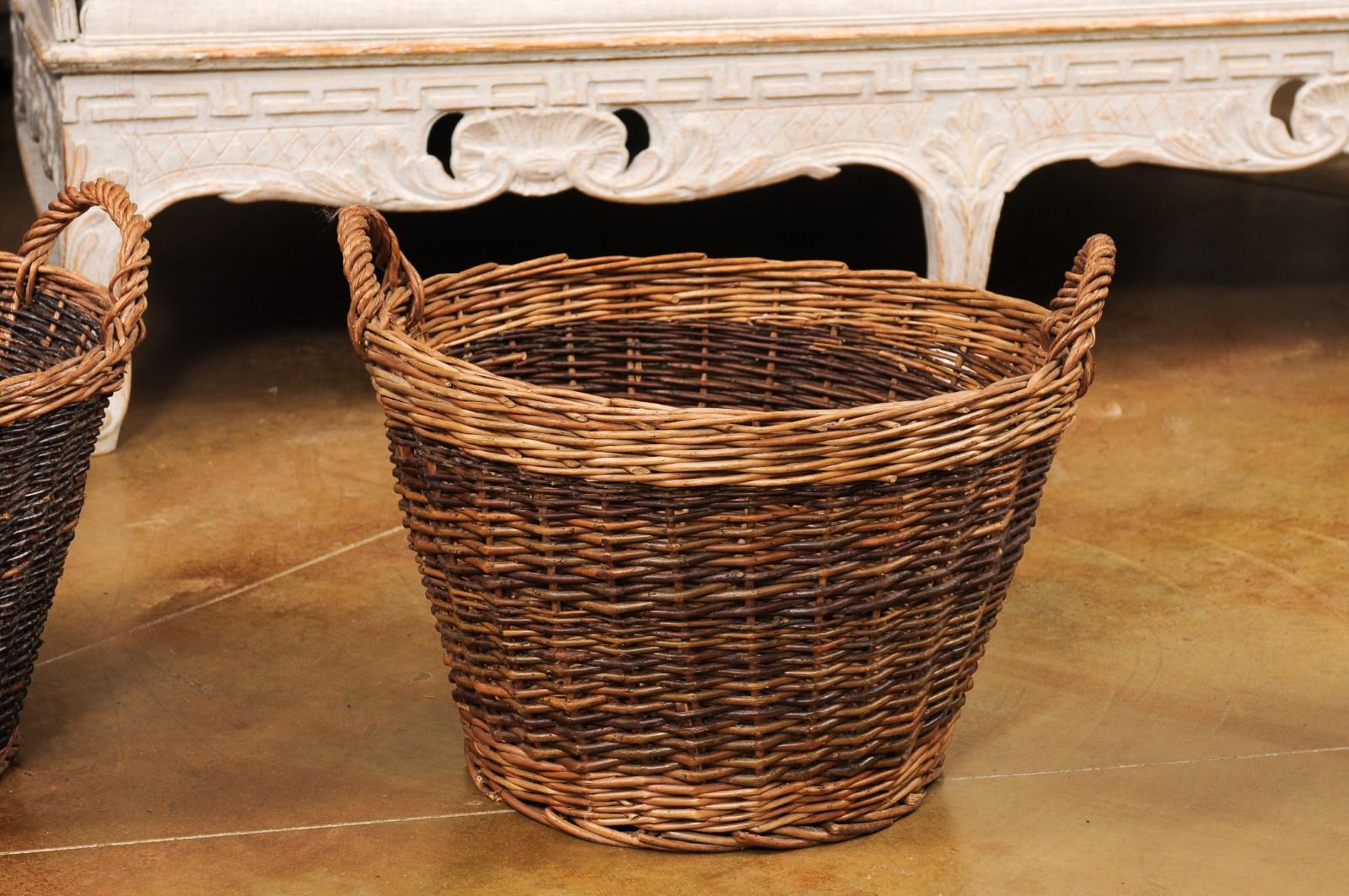 Rustic Handmade English Two Toned Wicker Baskets from Devon with Double Handles, Each For Sale