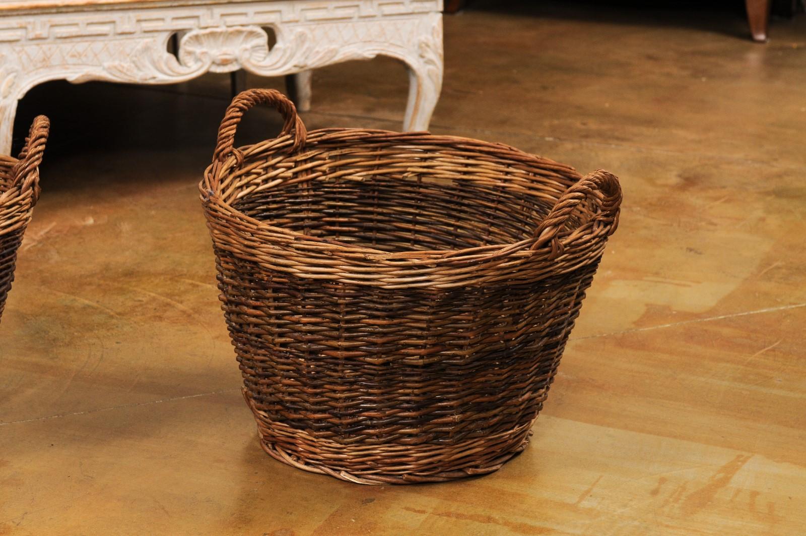 Woven Handmade English Two Toned Wicker Baskets from Devon with Double Handles, Each