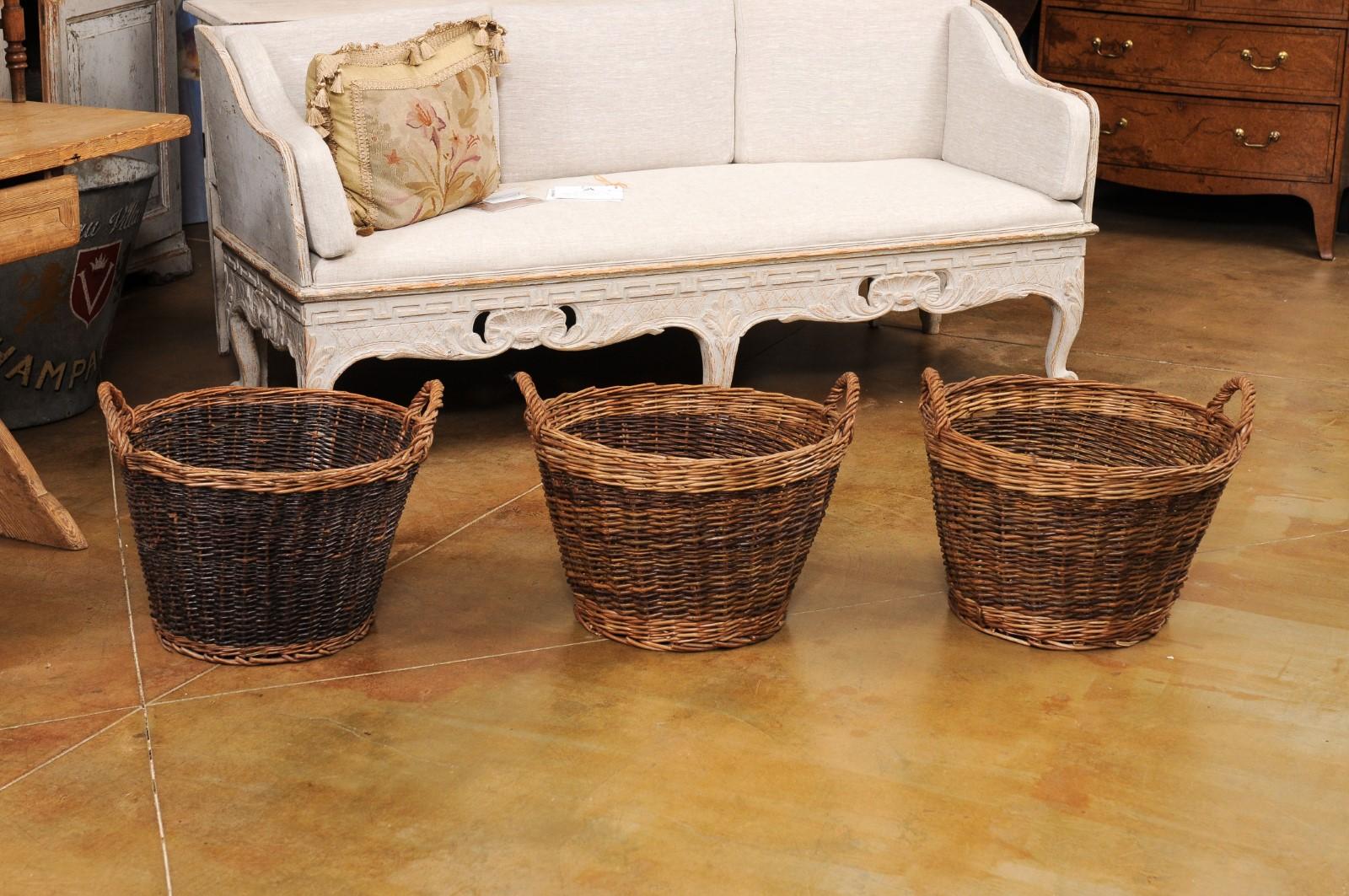 Handmade English Two Toned Wicker Baskets from Devon with Double Handles, Each In Good Condition In Atlanta, GA