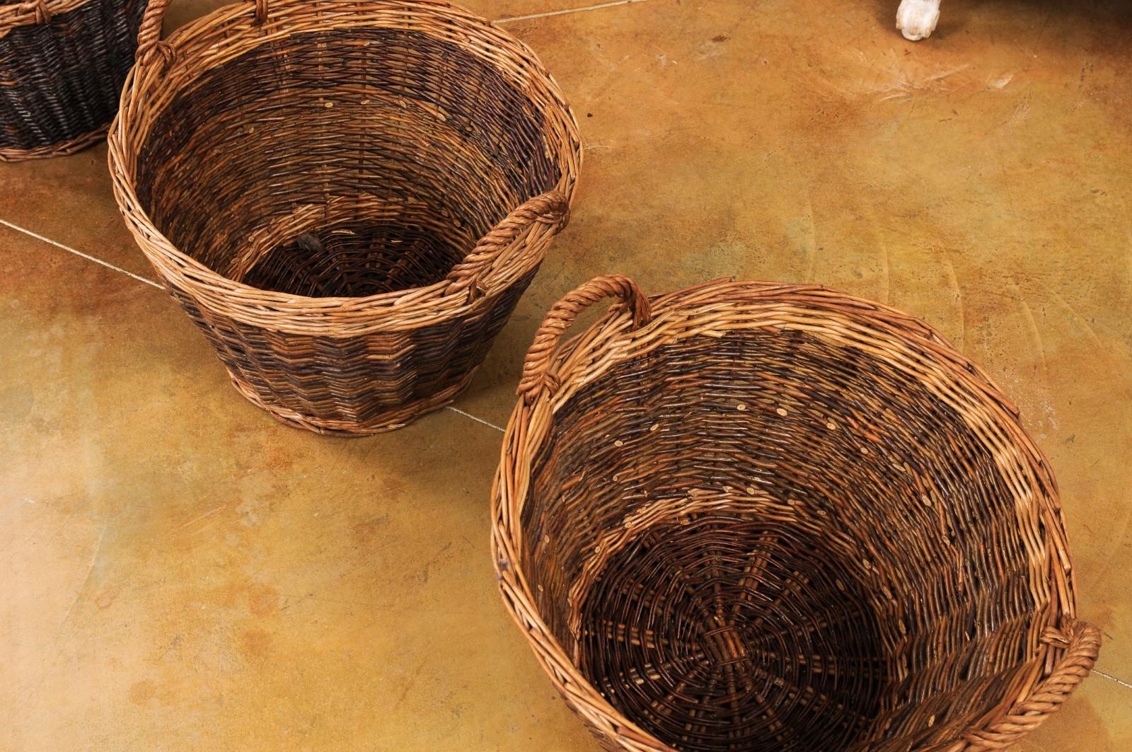 20th Century Handmade English Two Toned Wicker Baskets from Devon with Double Handles, Each For Sale