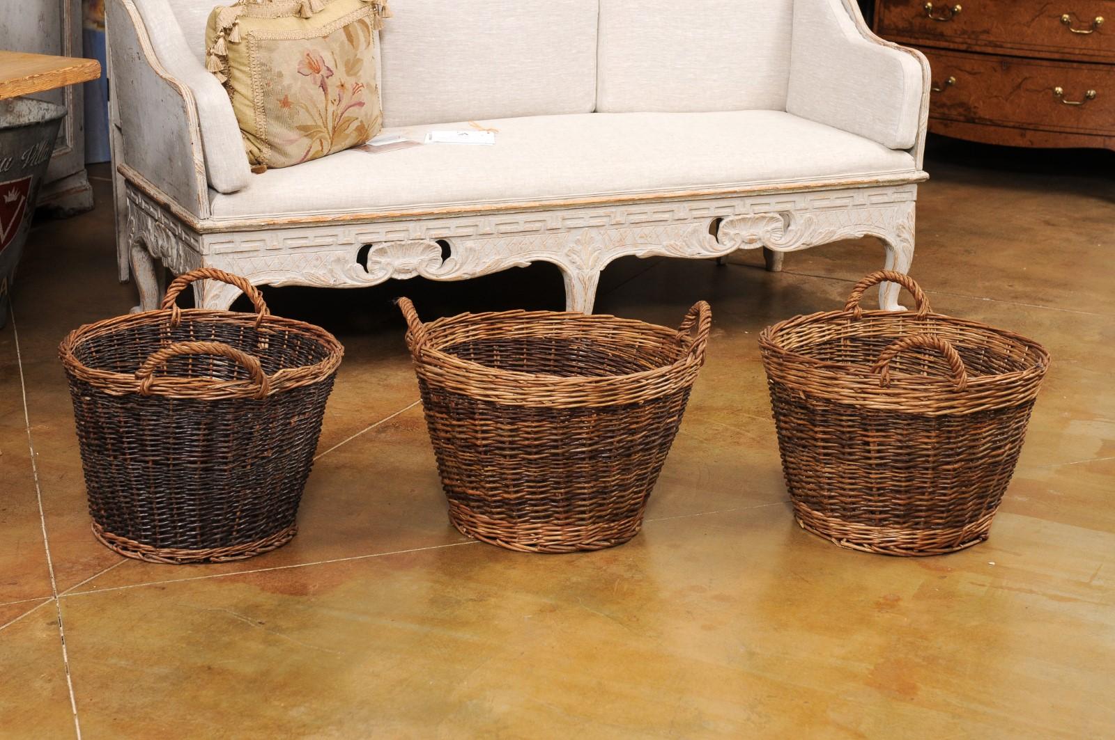 Handmade English Two Toned Wicker Baskets from Devon with Double Handles, Each For Sale 1