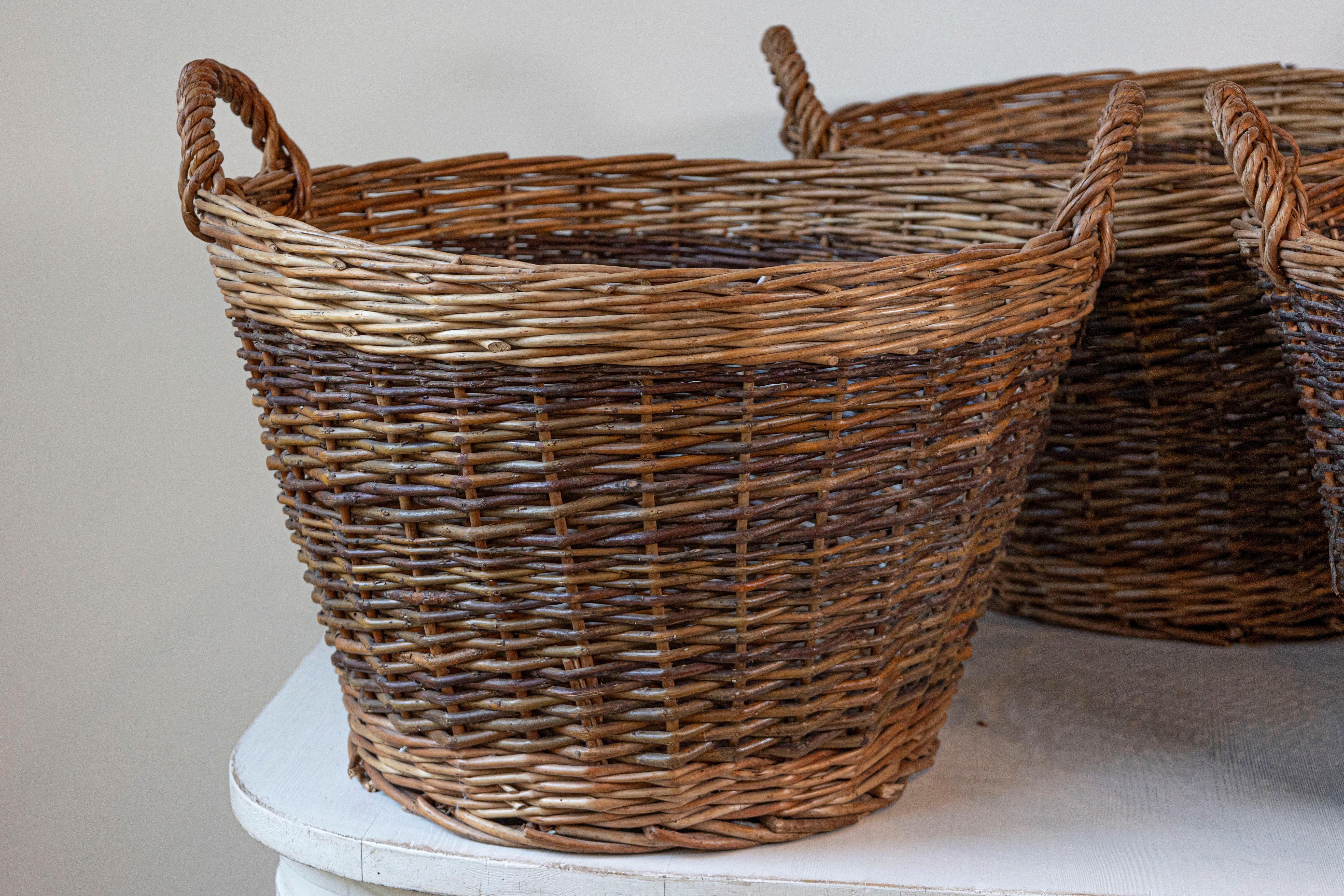 Handmade English Two Toned Wicker Baskets from Devon with Double Handles, Each For Sale 1