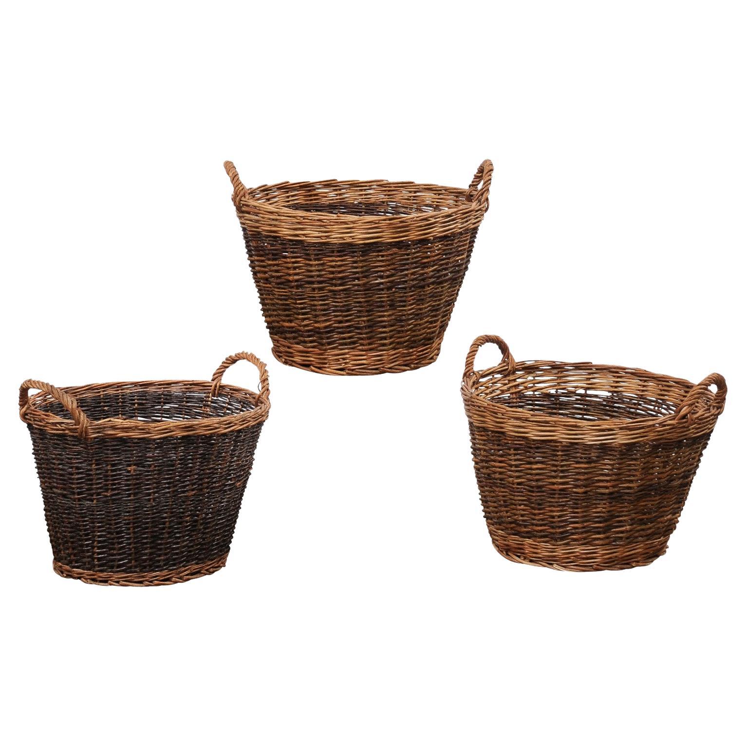 Handmade English Two Toned Wicker Baskets from Devon with Double Handles, Each For Sale