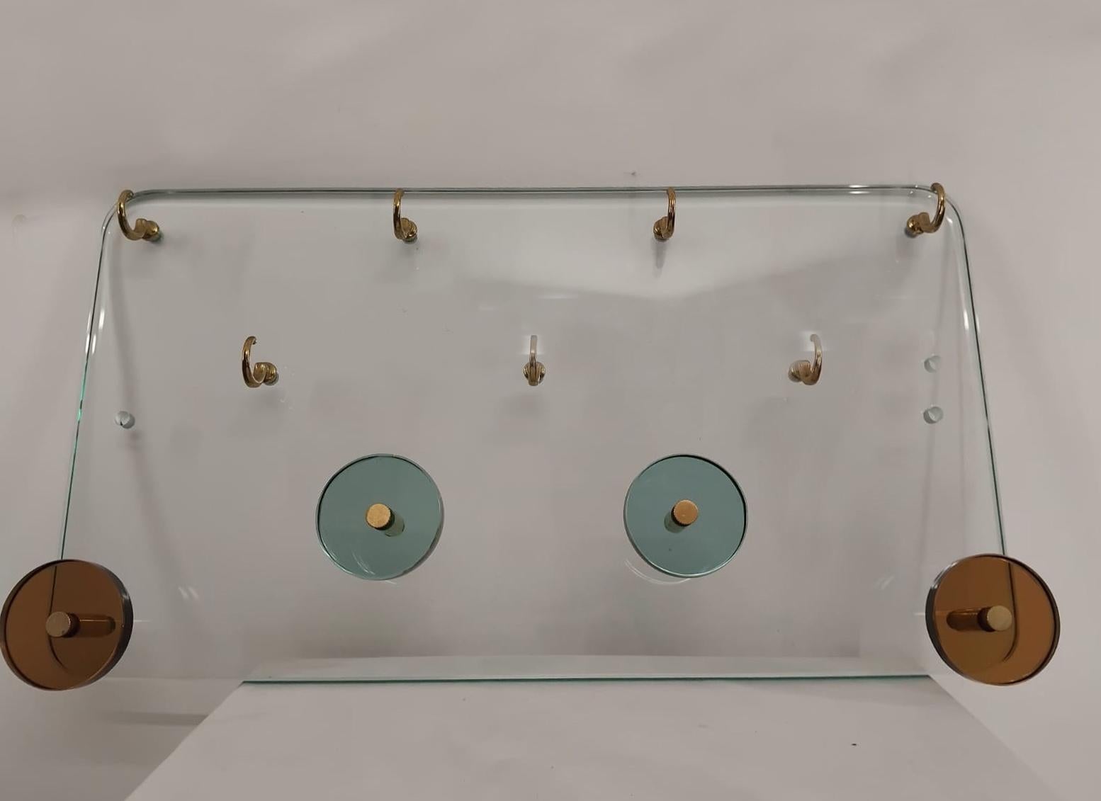 Handmade Entryway Coat Rack & Key Organizer on Crystal Glass Pannel, Italy 1970s For Sale 3