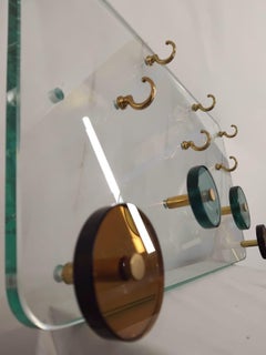 Handmade Entryway Coat Rack & Key Organizer on Crystal Glass Pannel, Italy 1970s