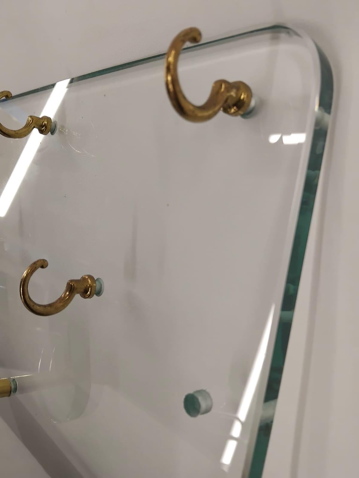 Hand-Crafted Handmade Entryway Coat Rack & Key Organizer on Crystal Glass Pannel, Italy 1970s For Sale