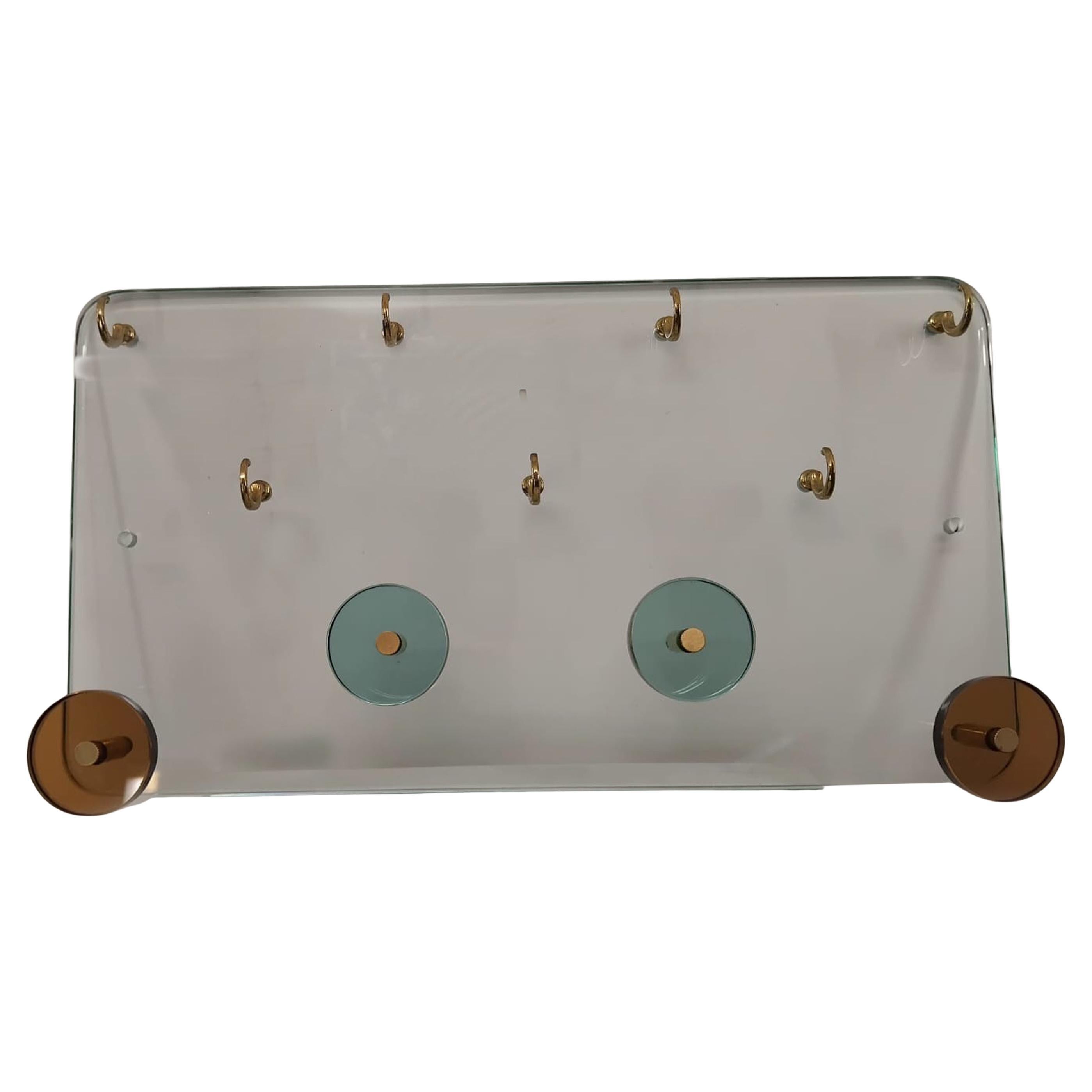 Handmade Entryway Coat Rack & Key Organizer on Crystal Glass Pannel, Italy 1970s For Sale