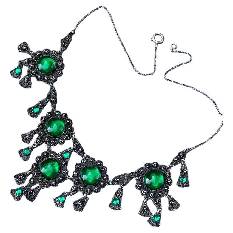 Handmade Etruscan Style Bib Necklace with Green Glass Cabochons by CINAR