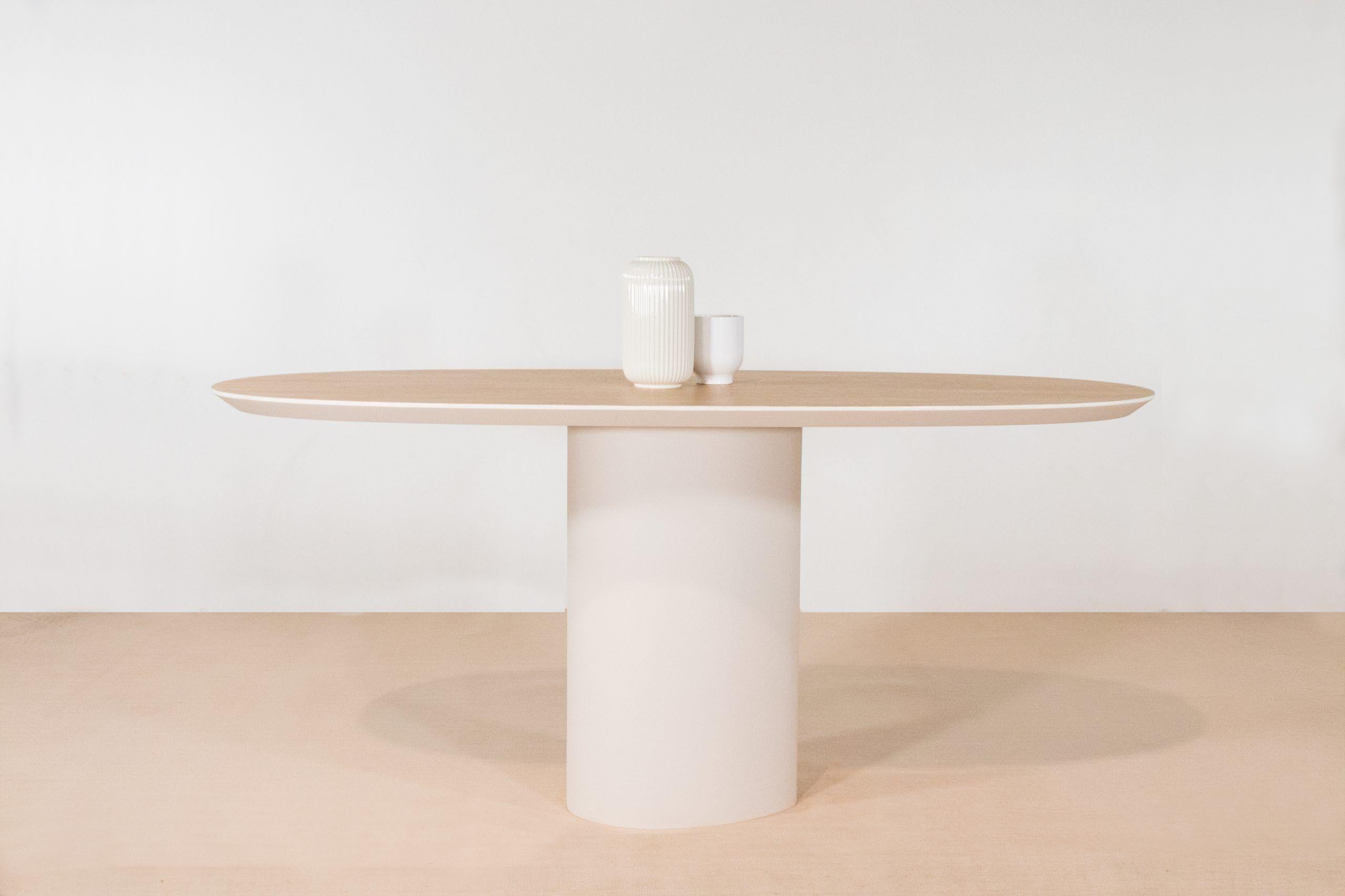 Handmade Eve Table Signed by Gigi Design
Dimensions: L 160 x D 75 x H 74 cm
Materials: Top of the table in natural oak, side of the table and legs in off-white lacquer, with mother-of-pearl and sand integration.

The Eve table is a custom-made