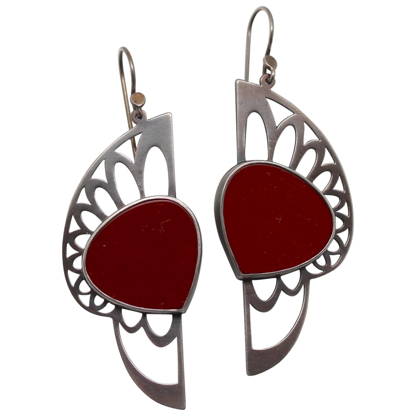 Handmade Exclusive Red Jasper Warrior Earrings by Metaalia Jewelry For Sale