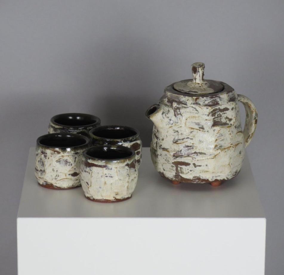 Rustic Handmade Faceted Stoneware Tea Set For Sale