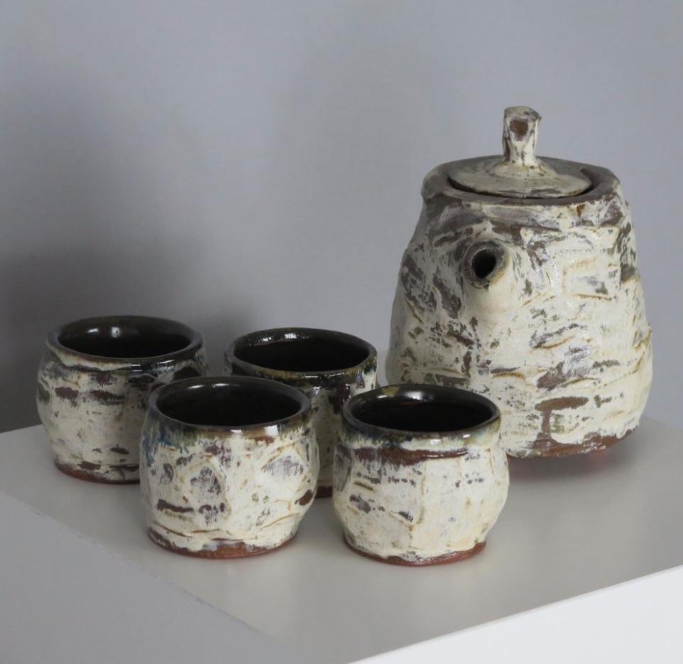 Mid-20th Century Handmade Faceted Stoneware Tea Set