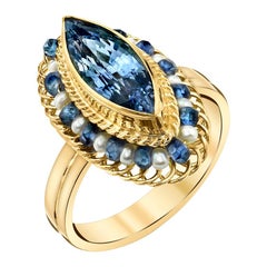 2.98 ct. Blue Sapphire Marquise, Seed Pearl, Yellow Gold Handmade Filigree Ring