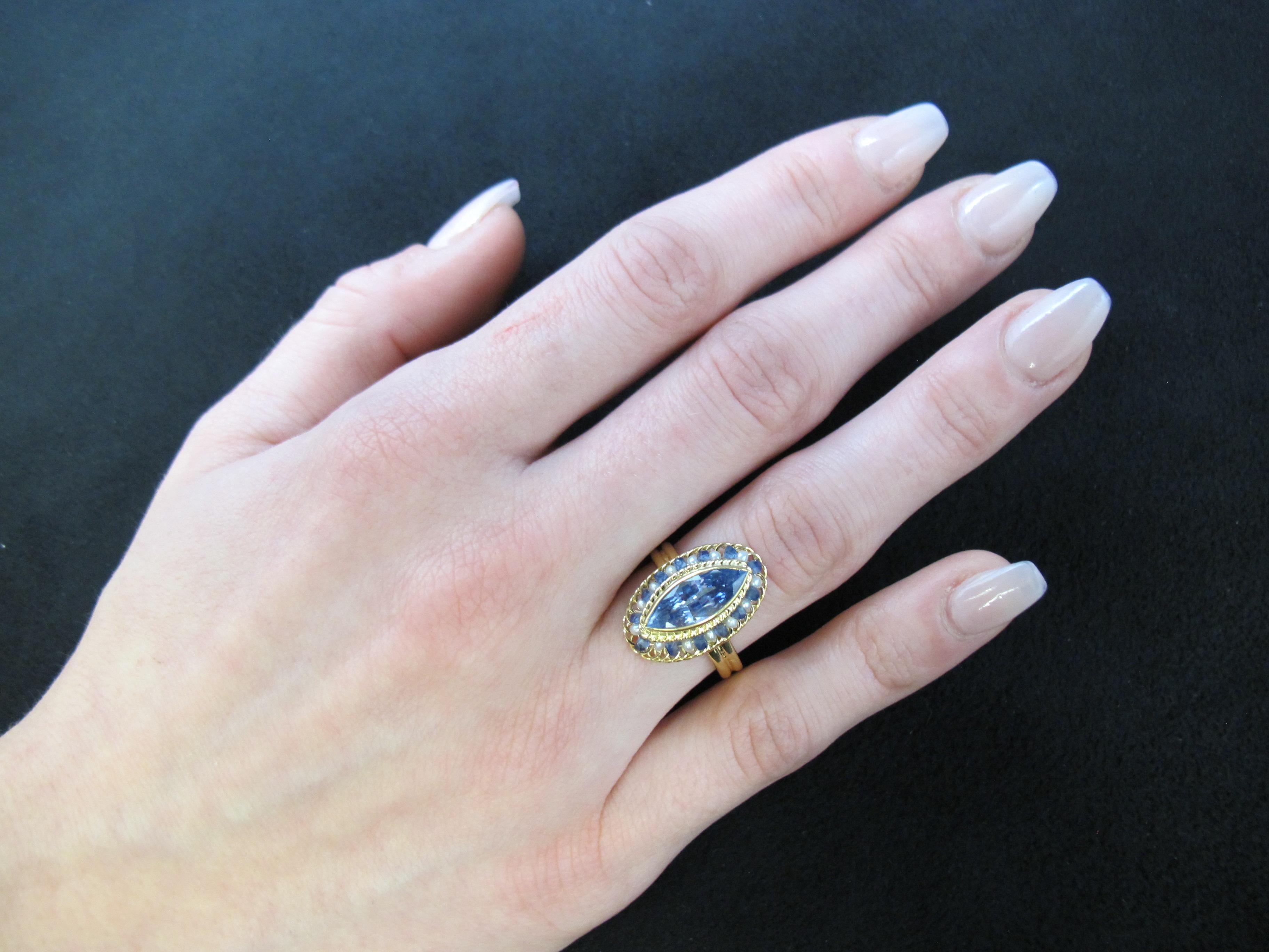 Artisan  2.98 ct. Blue Sapphire Marquise, Seed Pearl, Yellow Gold Handmade Filigree Ring