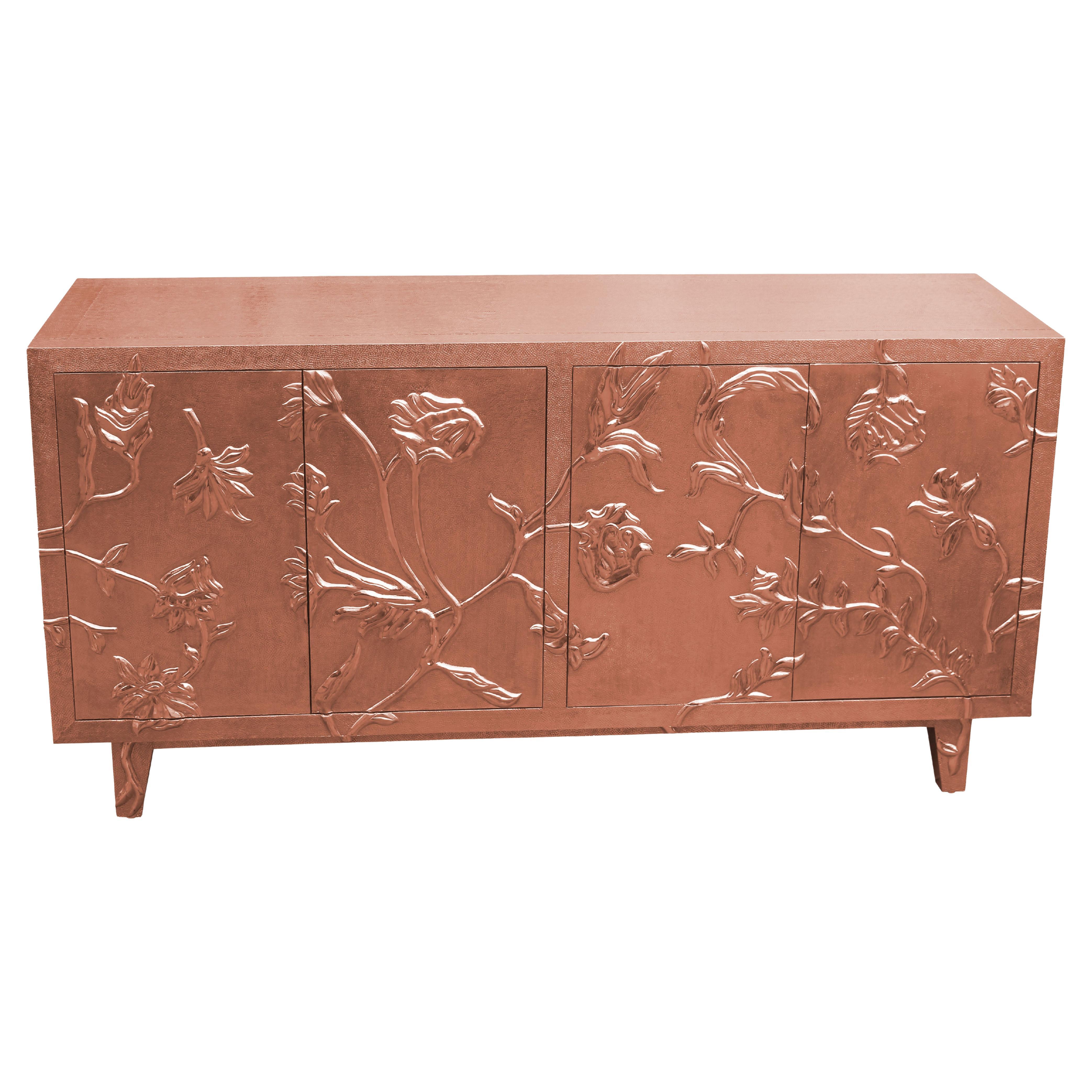 Handmade Fine Hammered Copper Floral Buffet – Carved Metal Sideboard Cabinet