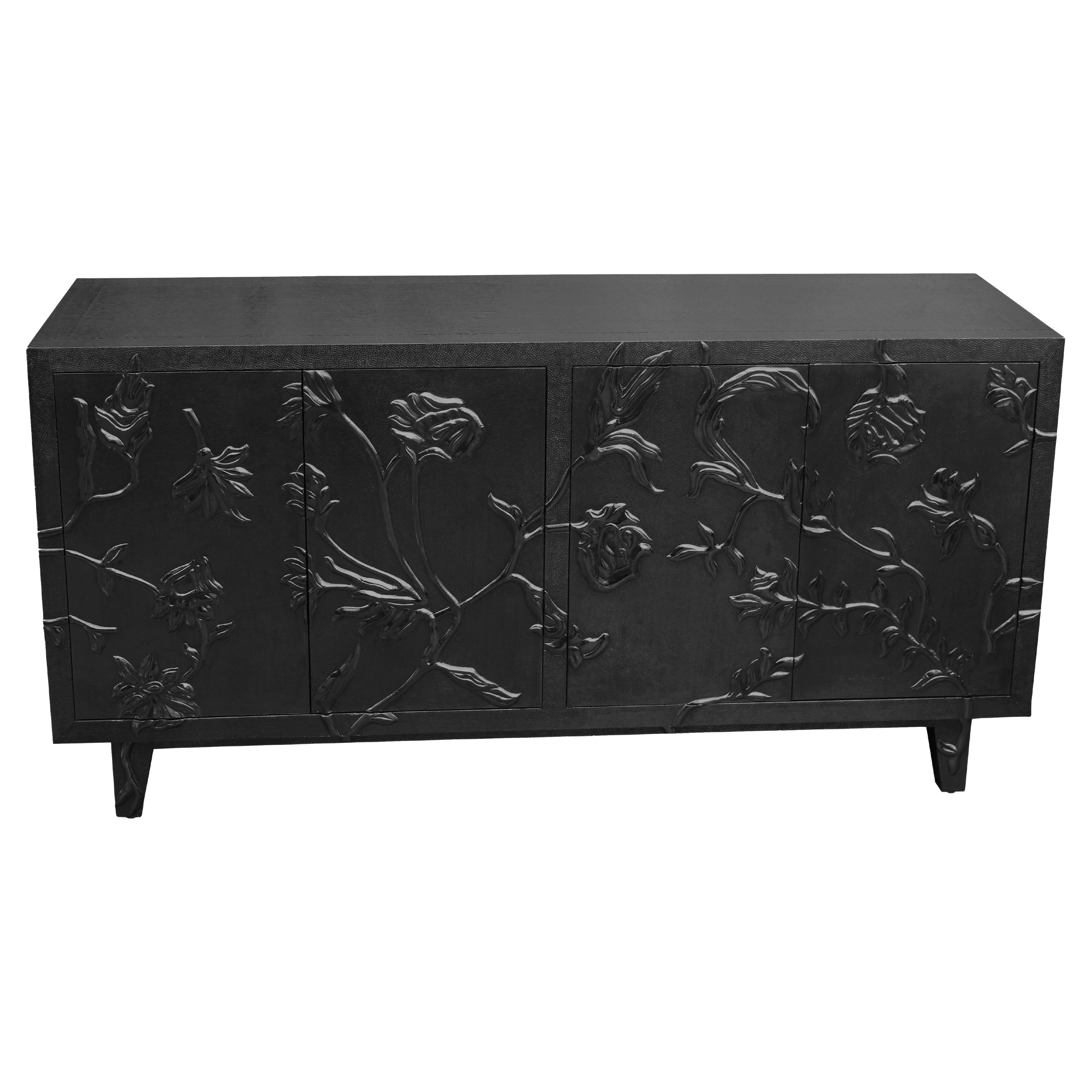 Handmade Fine Hmrd. Antq. Bronze Floral Buffet – Carved Metal Sideboard Cabinet For Sale